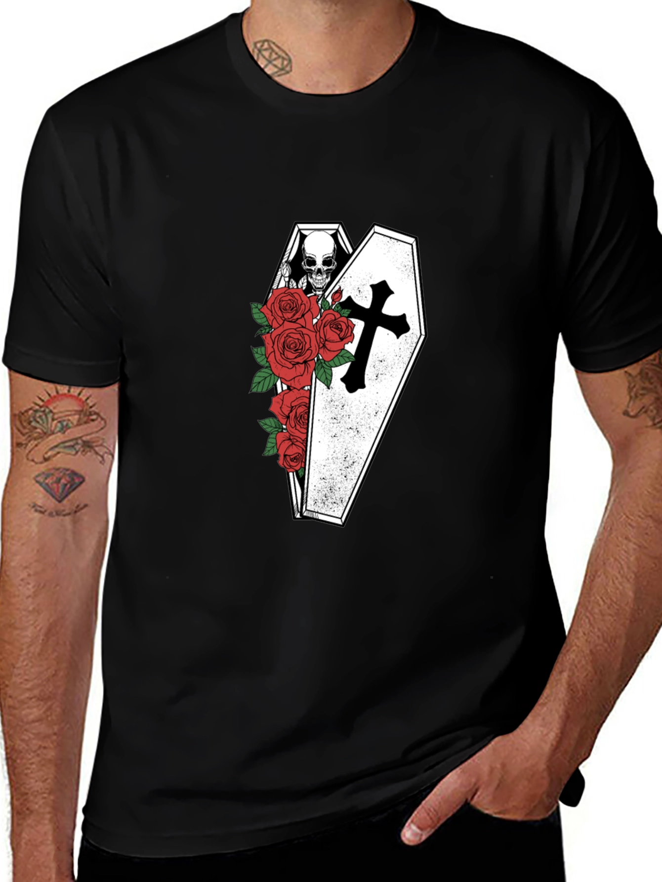 Skull in Coffin with Roses Graphic Tee - Black