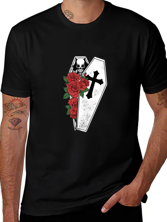 Skull in Coffin with Roses Graphic Tee - Black