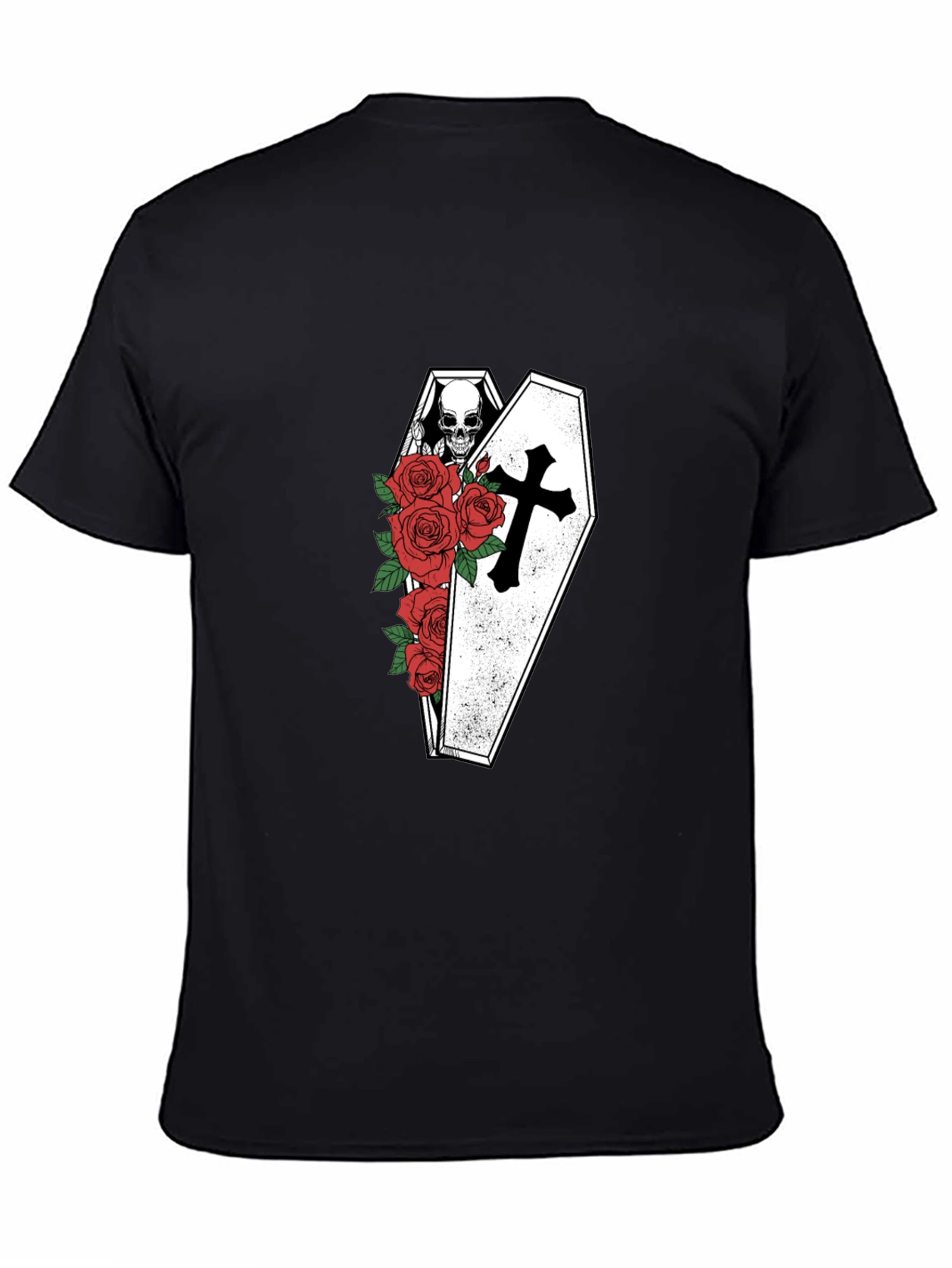 Skull in Coffin with Roses Graphic Tee - Black