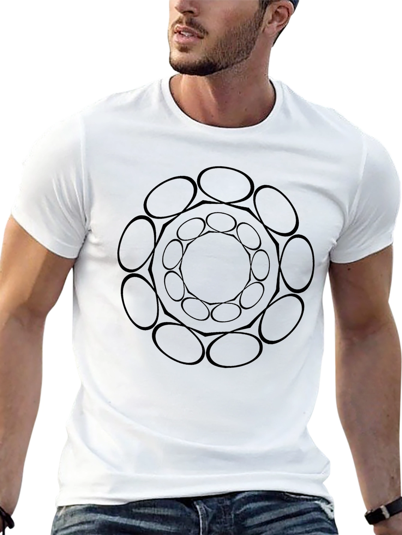 Abstract Geometric Circle Design Black T-Shirt