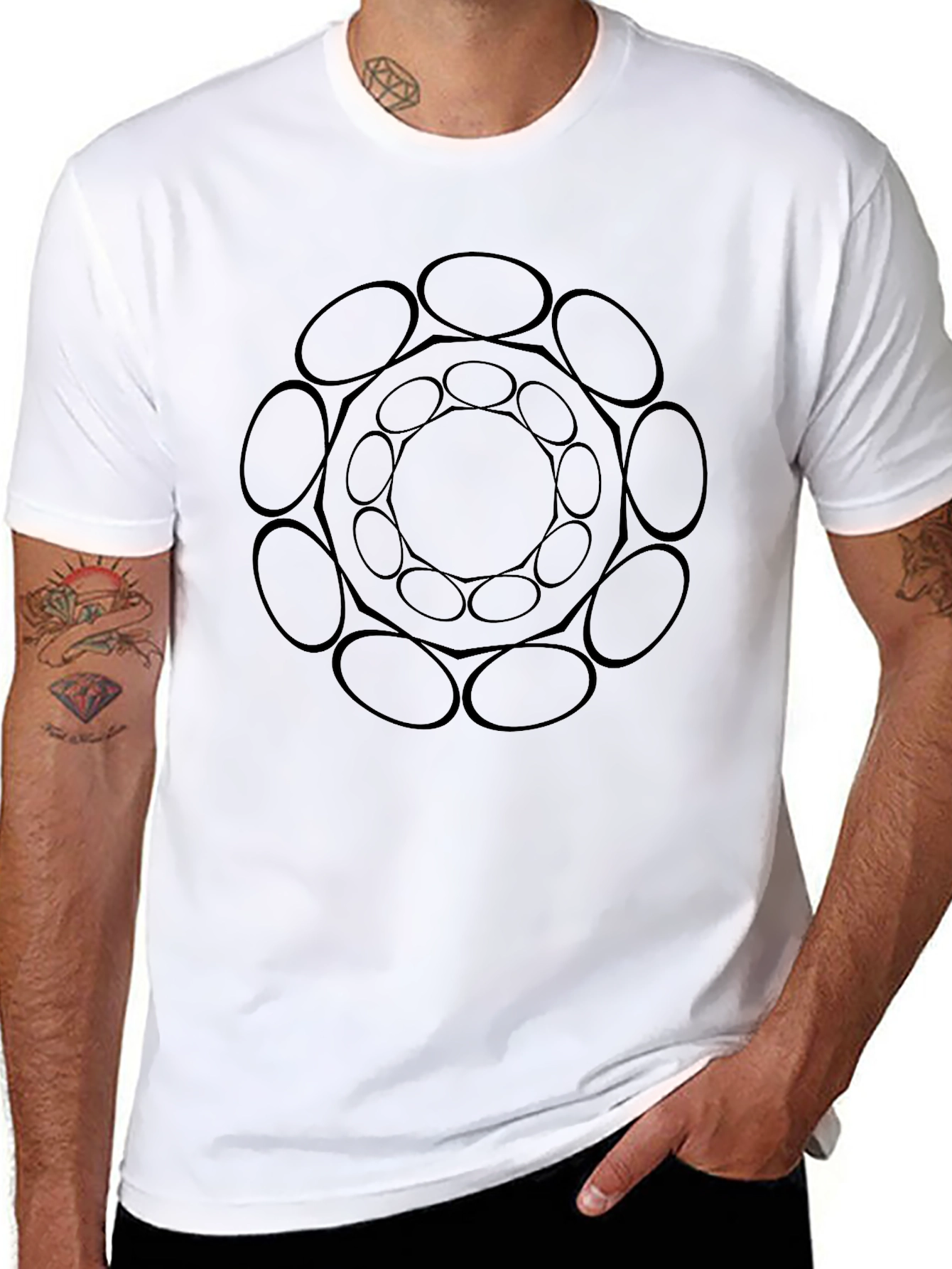 Abstract Geometric Circle Design Black T-Shirt