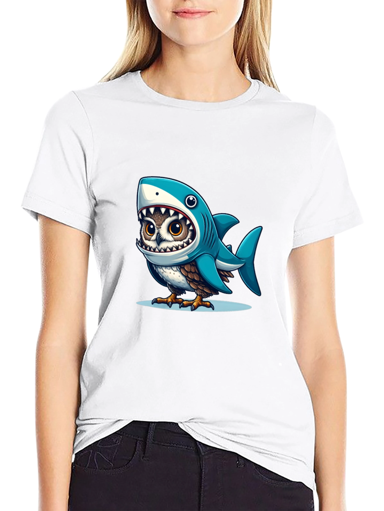 Shark Owl Graphic Tee - Unique Cartoon Design