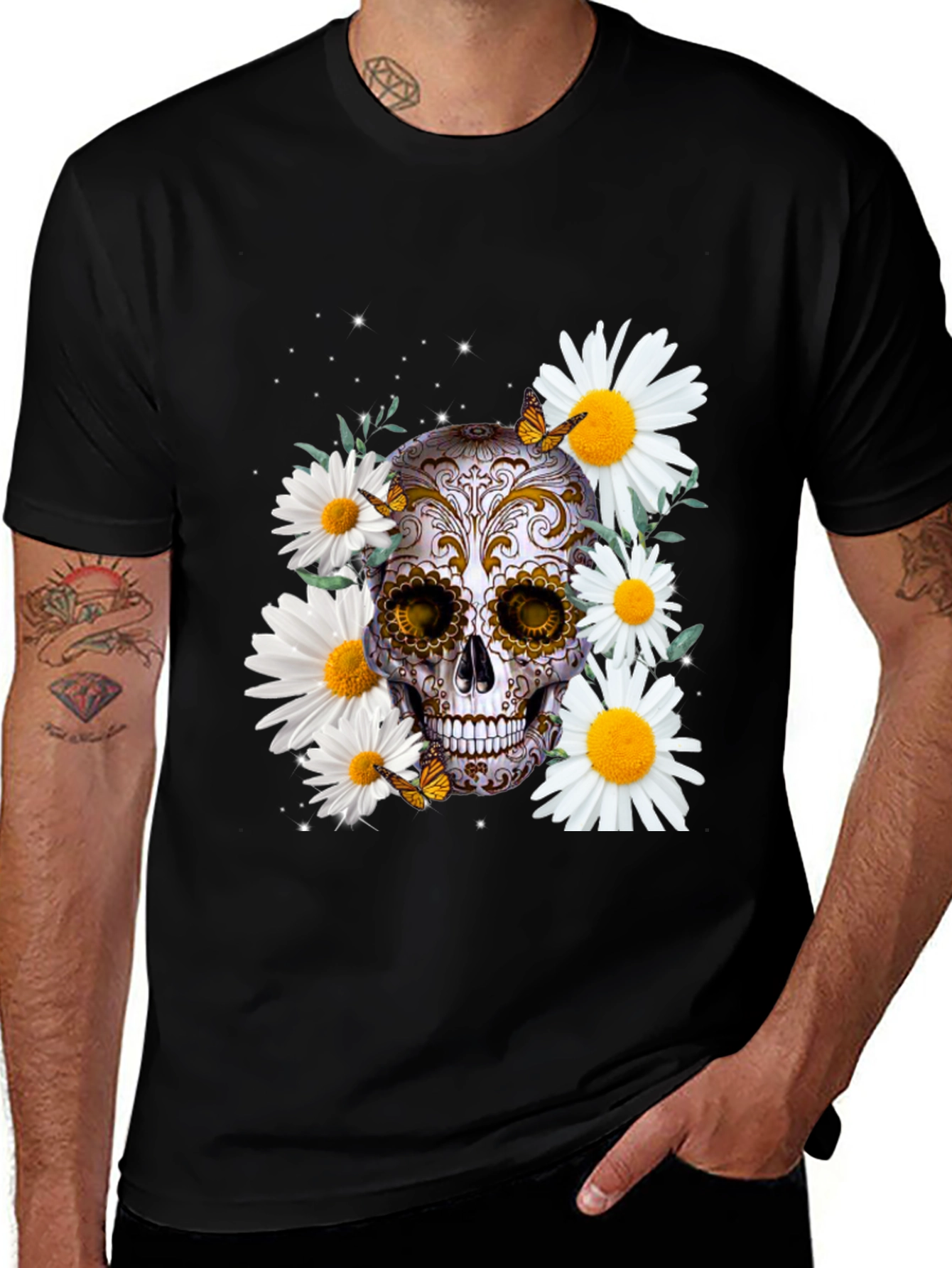 Skull and Daisy Graphic Tee - Mens Black T-Shirt