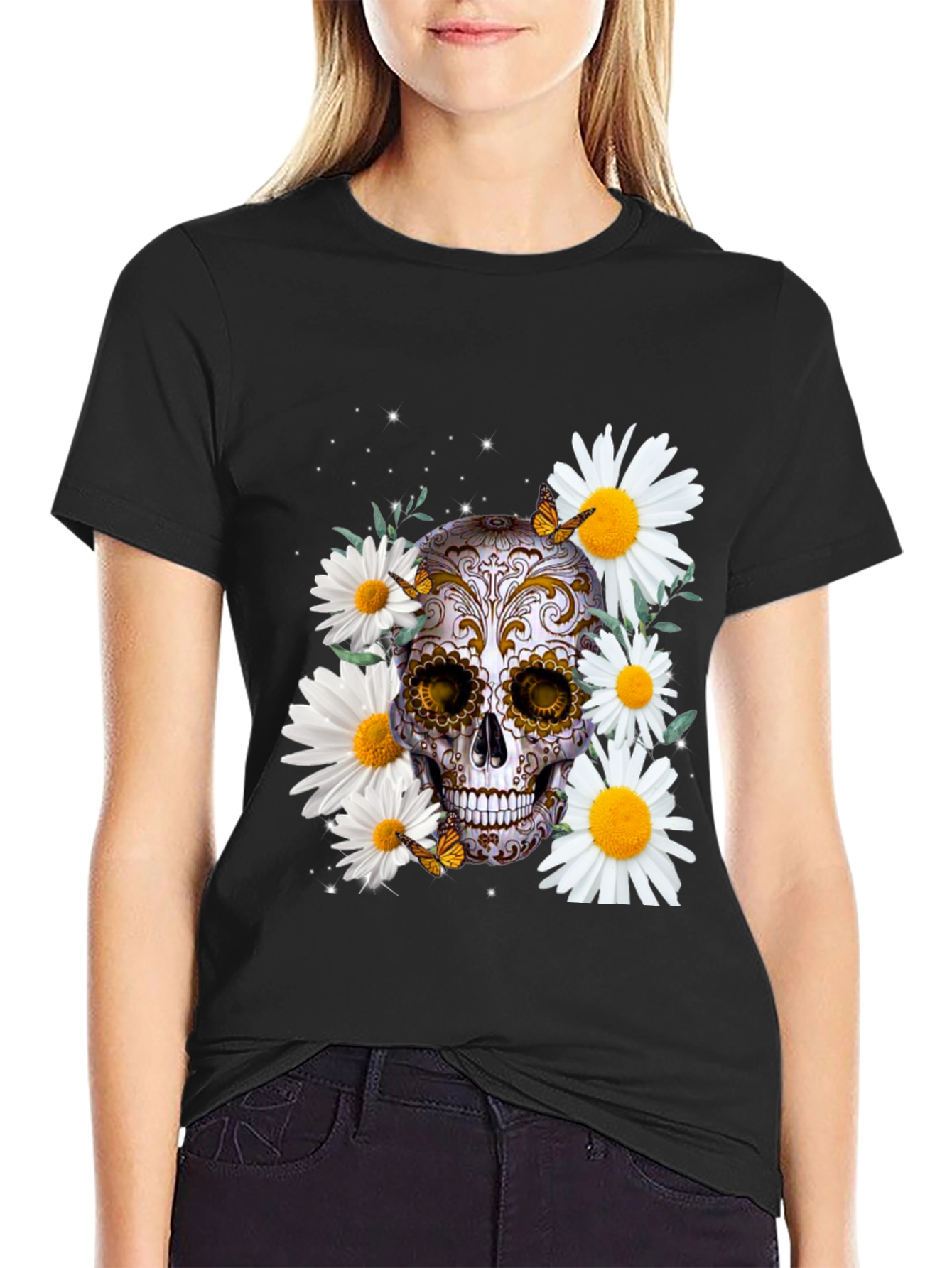 Skull and Daisy Graphic Tee - Mens Black T-Shirt