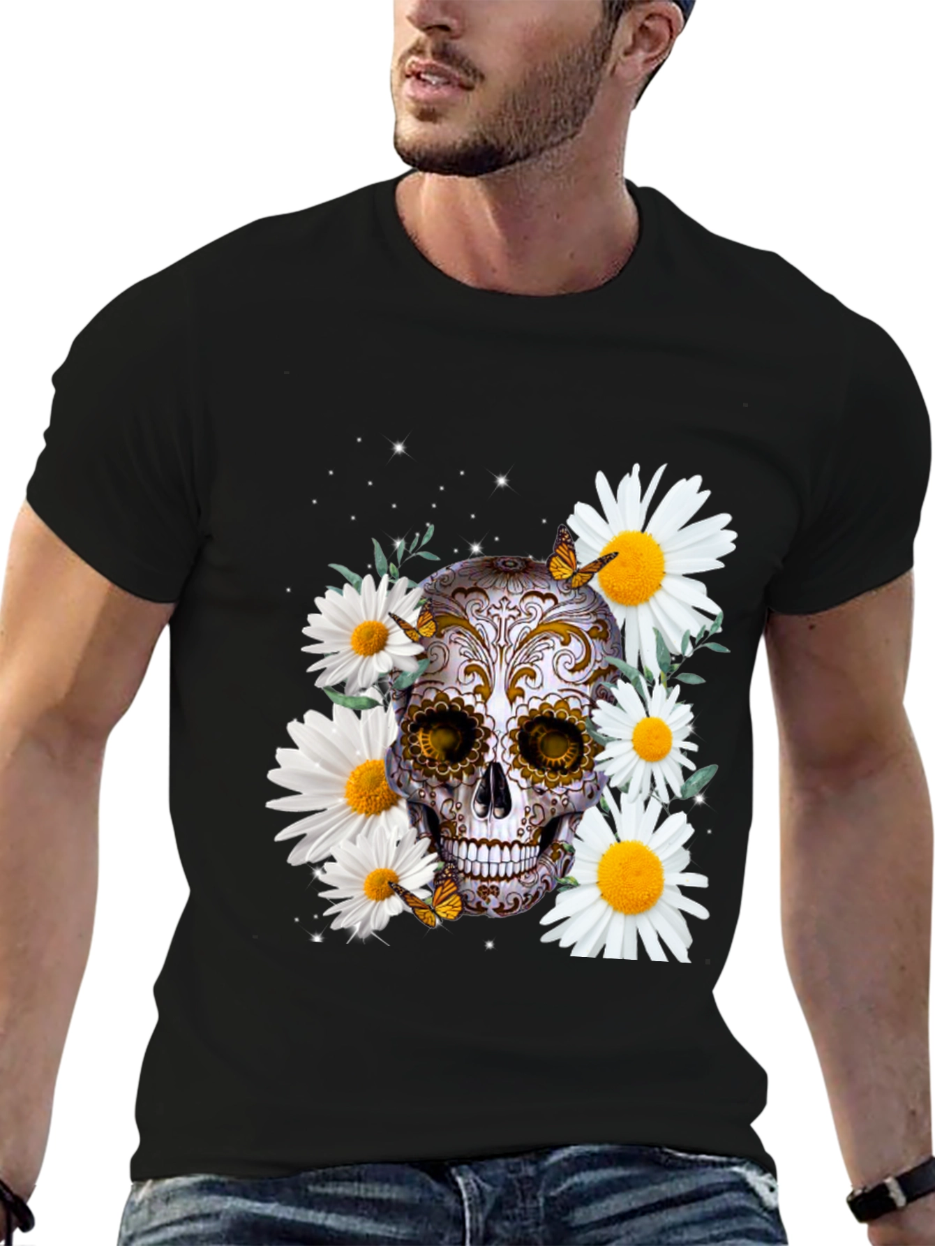 Skull and Daisy Graphic Tee - Mens Black T-Shirt