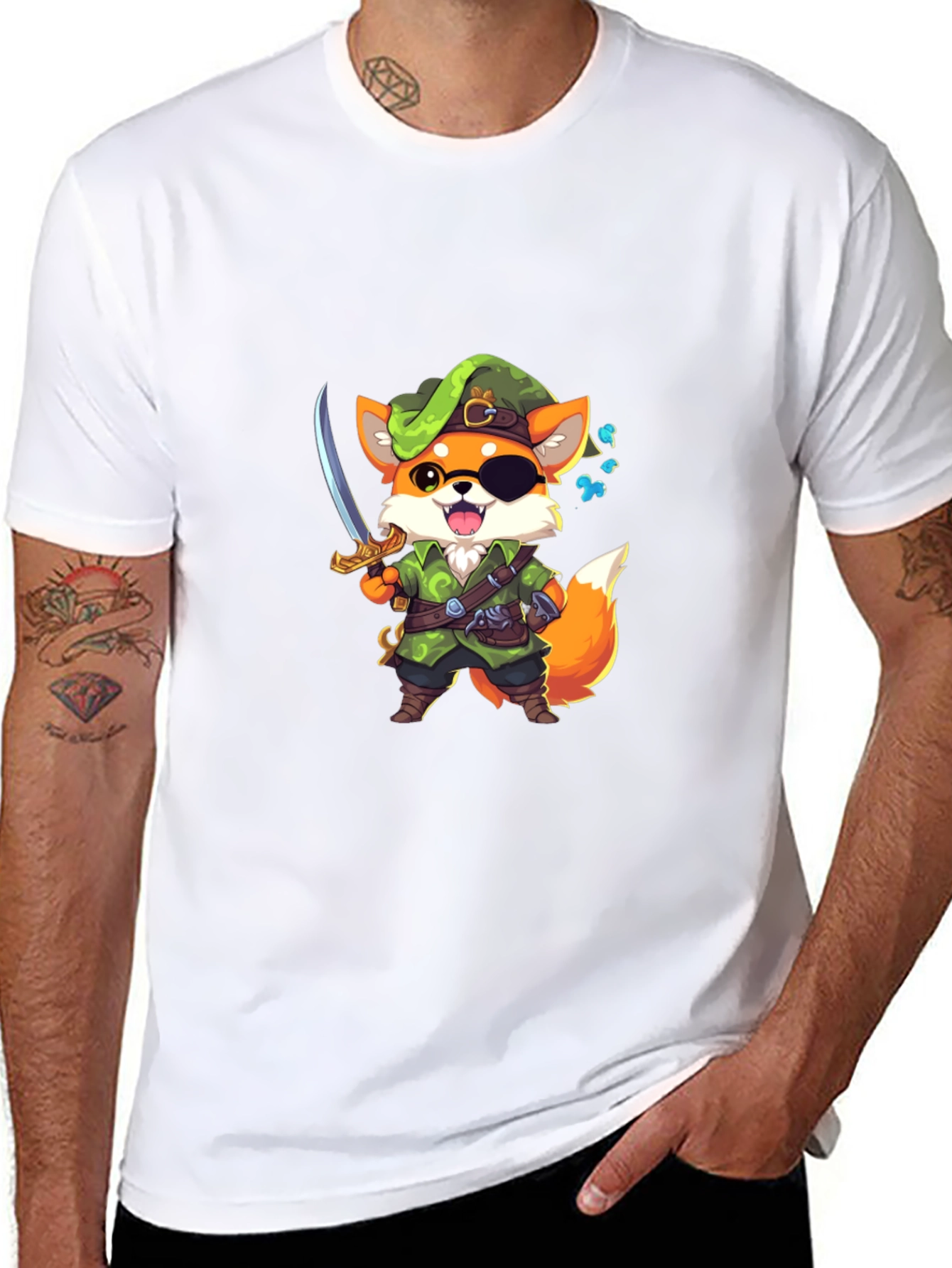 Cartoon Fox Pirate Graphic Black T-Shirt