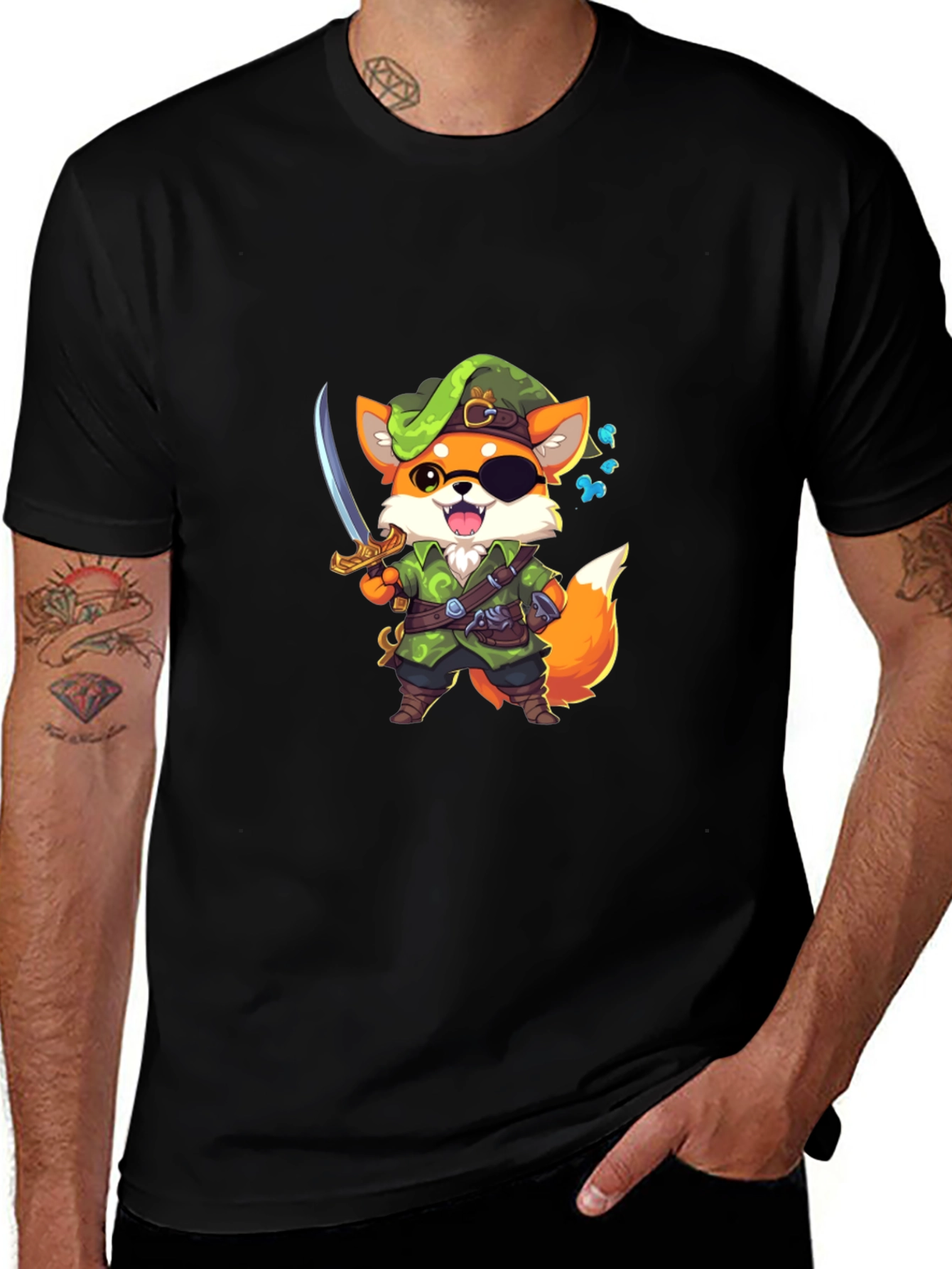Cartoon Fox Pirate Graphic Black T-Shirt