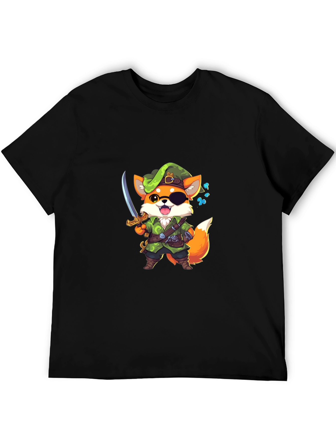 Cartoon Fox Pirate Graphic Black T-Shirt