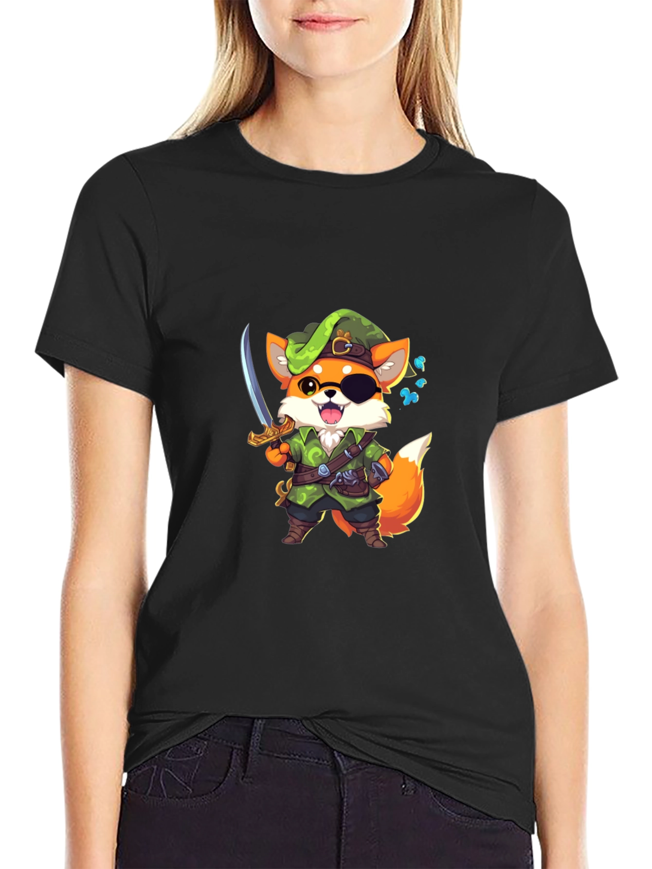 Cartoon Fox Pirate Graphic Black T-Shirt