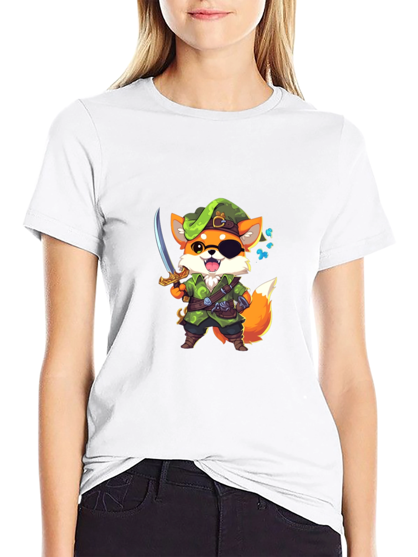 Cartoon Fox Pirate Graphic Black T-Shirt