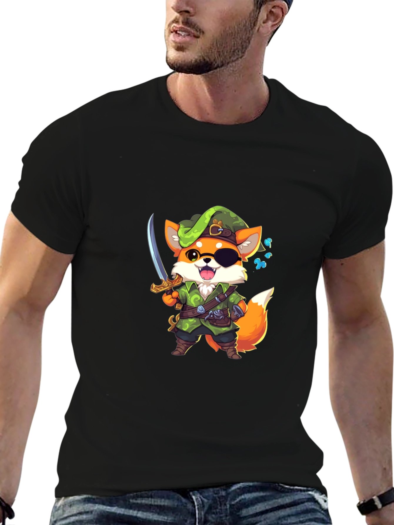 Cartoon Fox Pirate Graphic Black T-Shirt