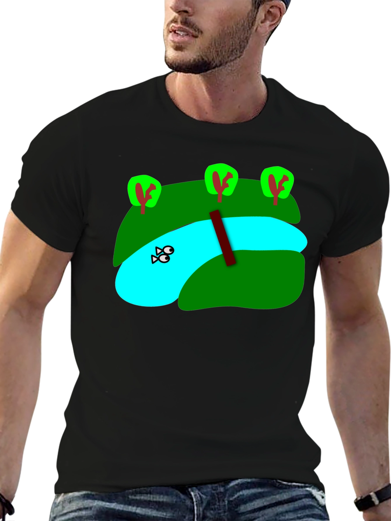 Cartoon Landscape River Graphic Black T-Shirt
