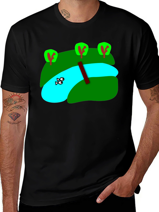 Cartoon Landscape River Graphic Black T-Shirt