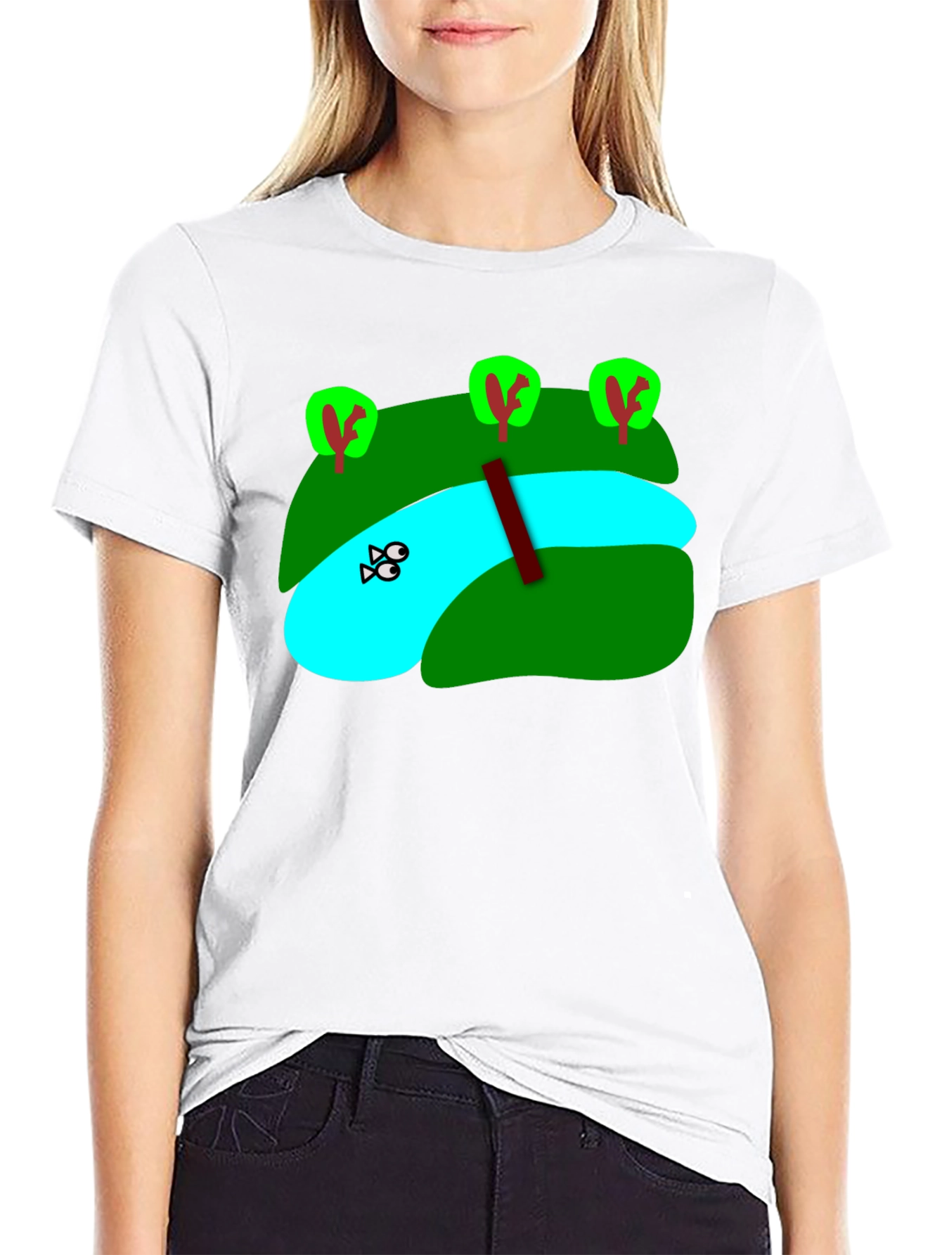 Cartoon Landscape River Graphic Black T-Shirt