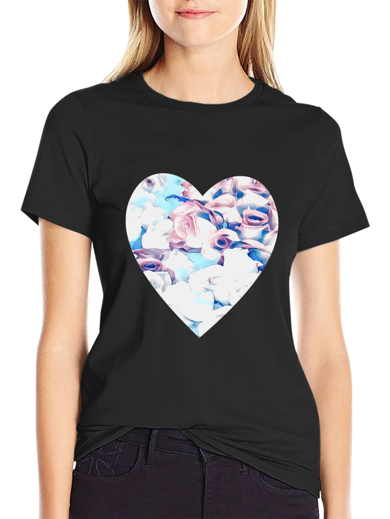 Floral Heart Graphic Black Tee