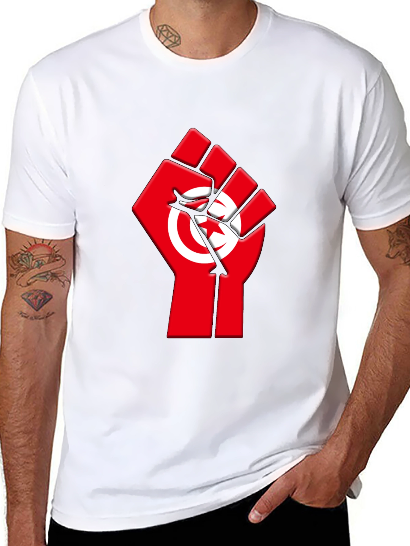 Tunisia Flag Fist Graphic Tee - Black Cotton T-Shirt