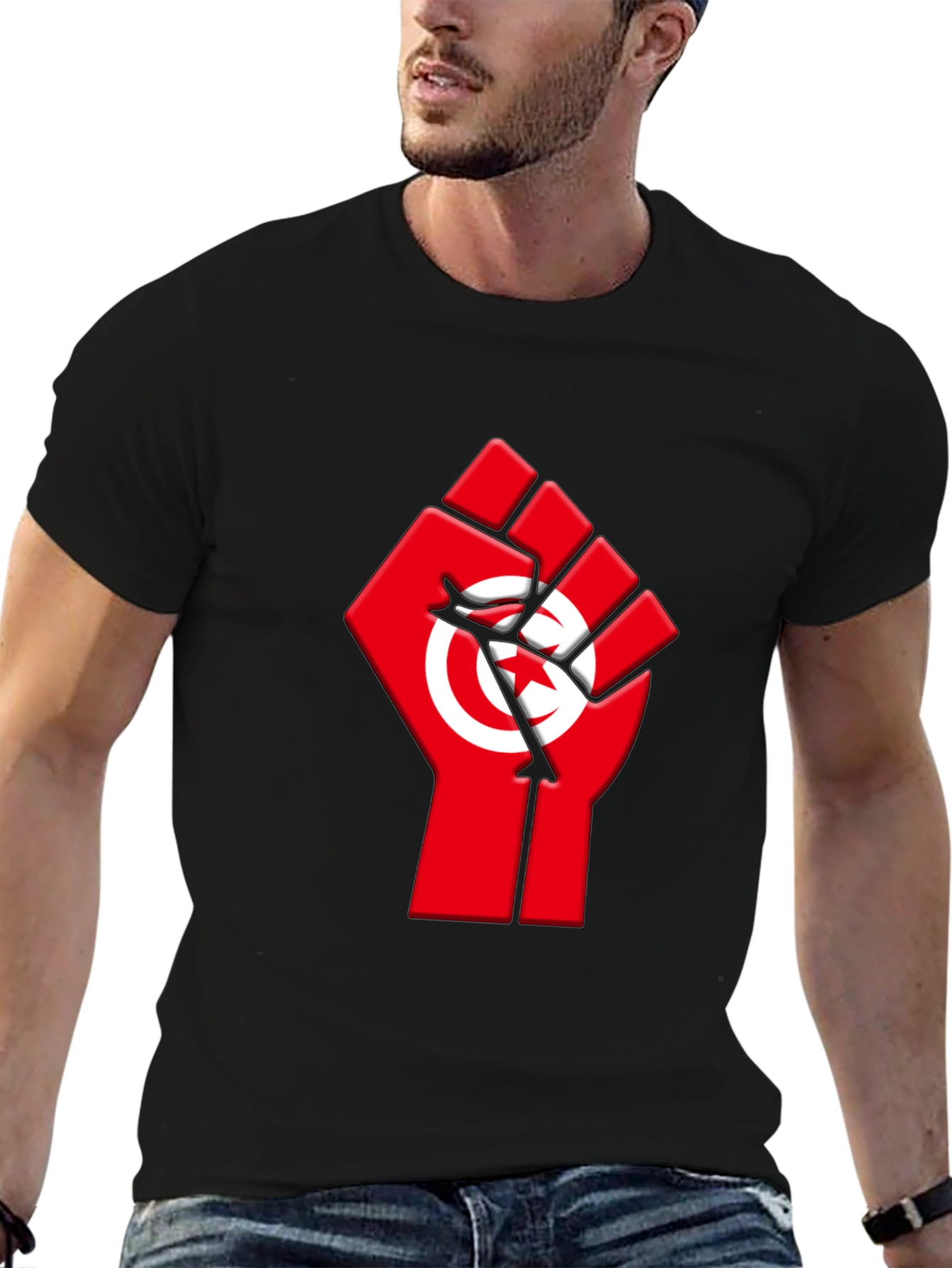 Tunisia Flag Fist Graphic Tee - Black Cotton T-Shirt