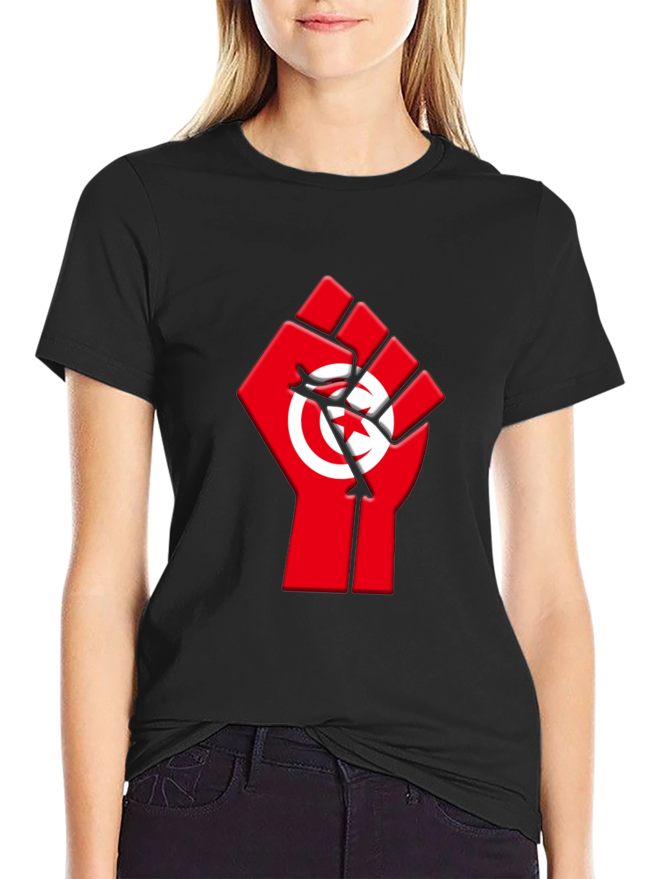 Tunisia Flag Fist Graphic Tee - Black Cotton T-Shirt