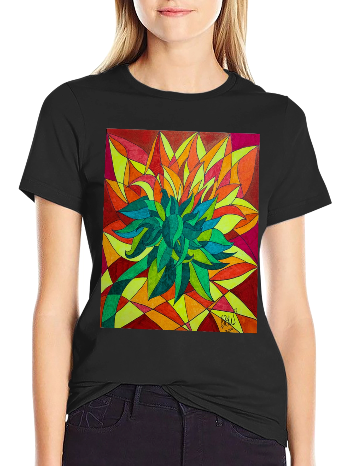 Abstract Flower Graphic Print Black T-Shirt