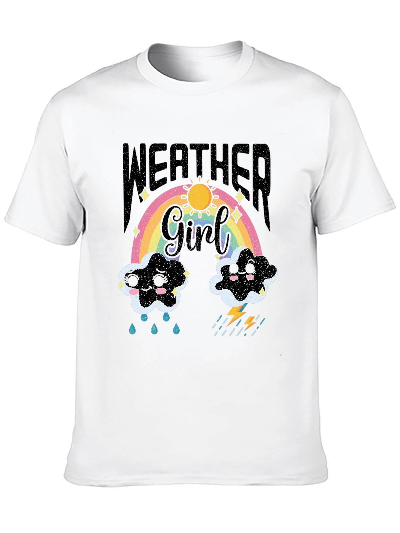 Weather Girl T-Shirt: Rainbow Sun Clouds and Lightning!
