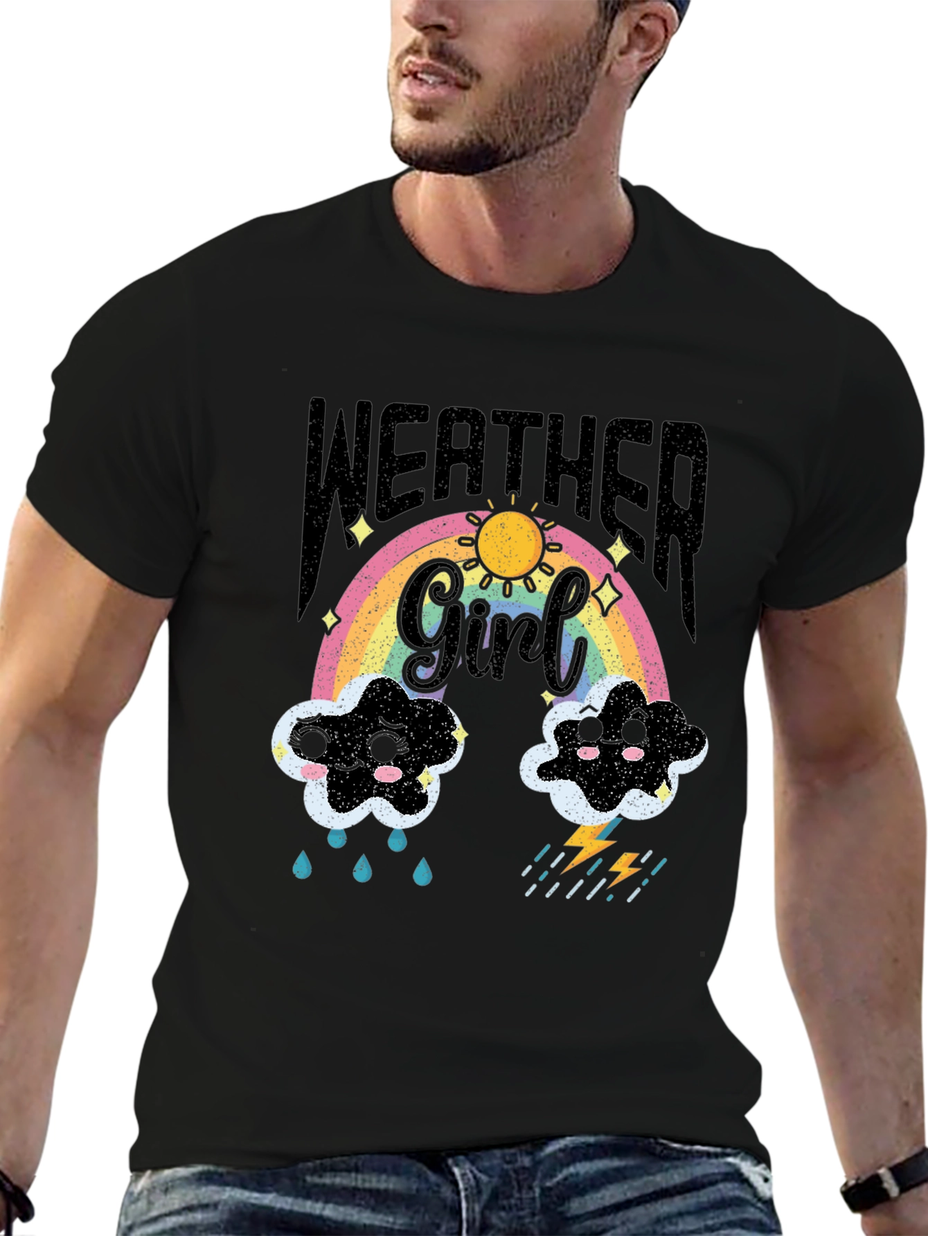 Weather Girl T-Shirt: Rainbow Sun Clouds and Lightning!