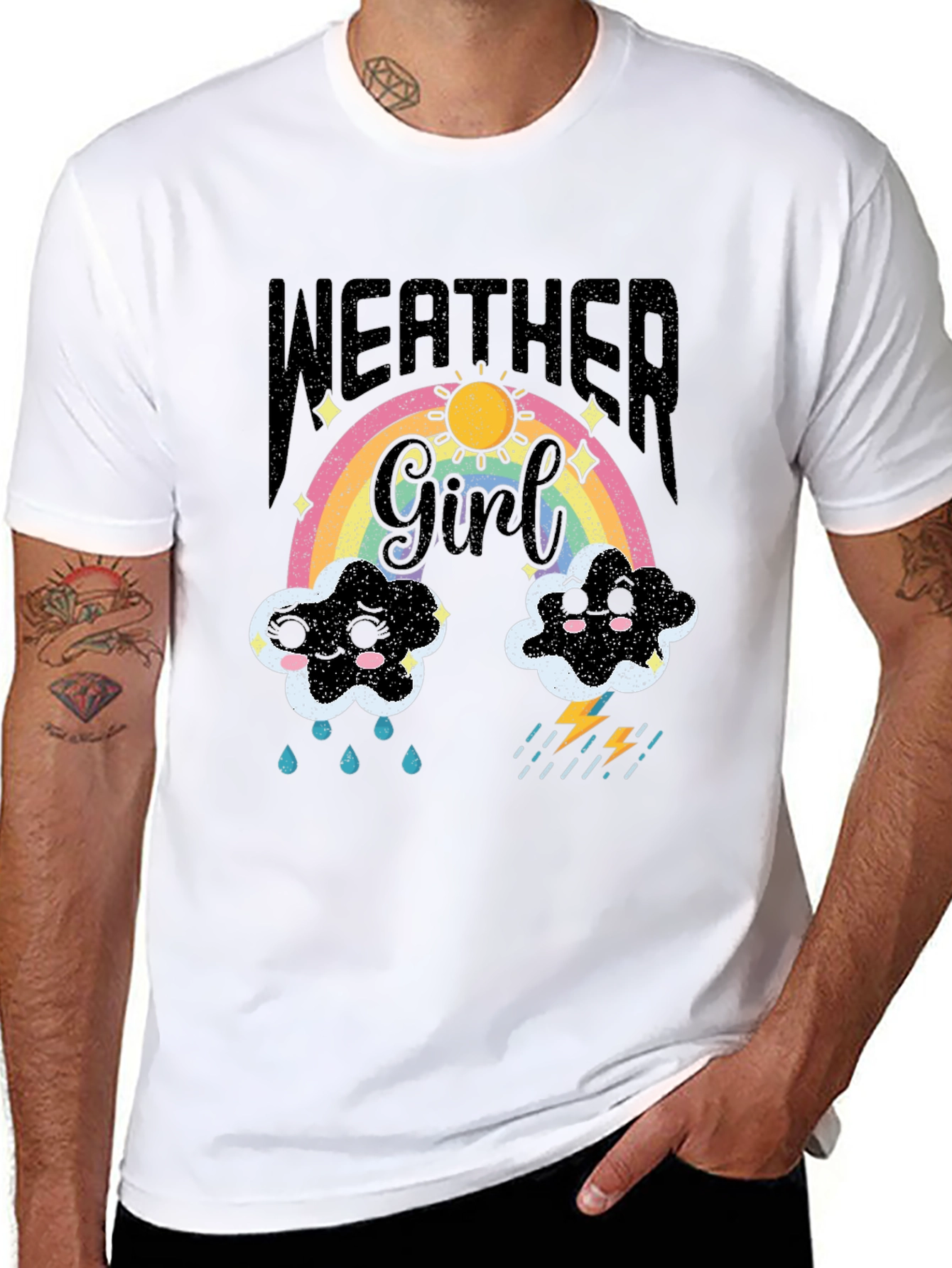 Weather Girl T-Shirt: Rainbow Sun Clouds and Lightning!