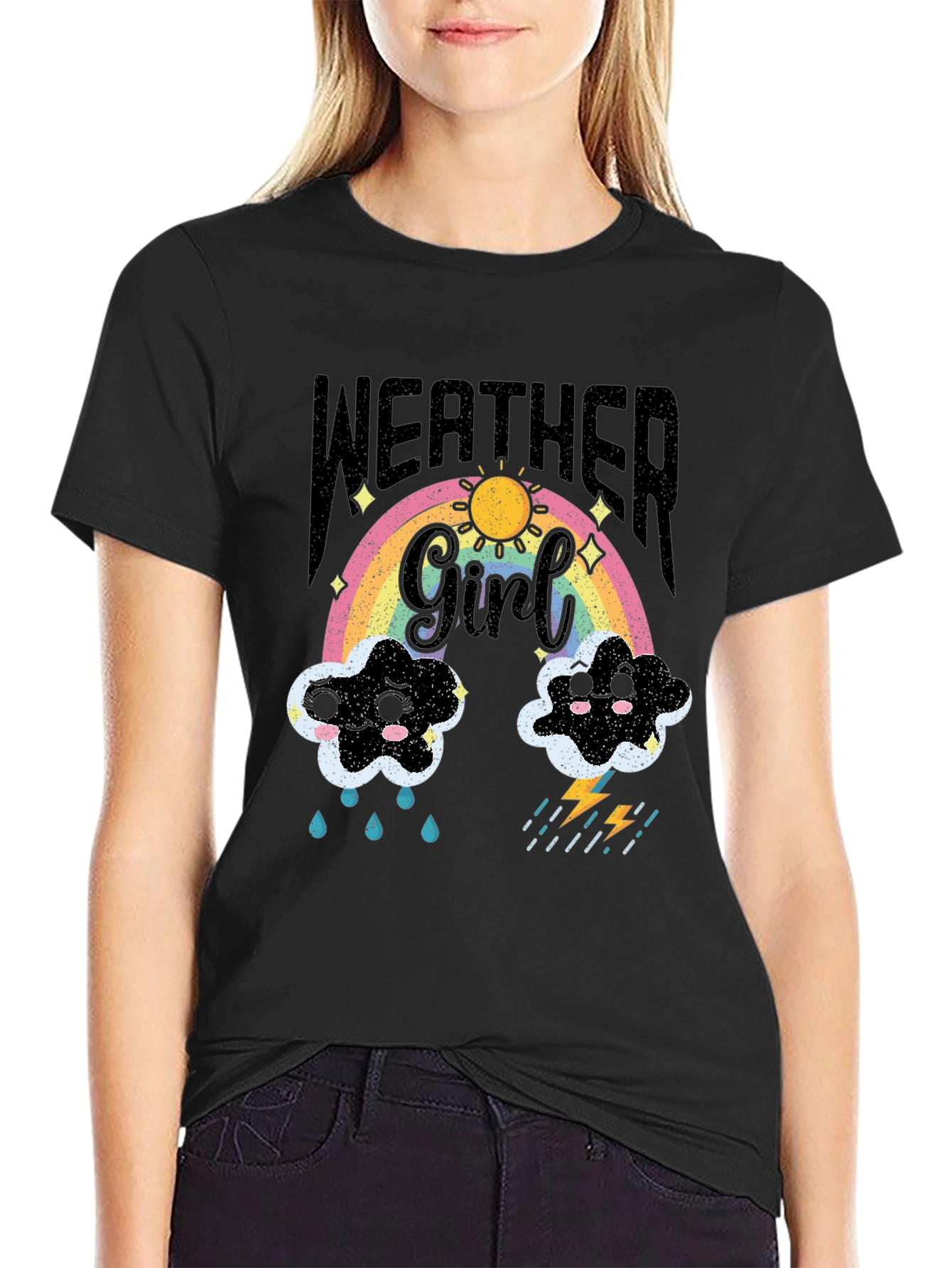 Weather Girl T-Shirt: Rainbow Sun Clouds and Lightning!