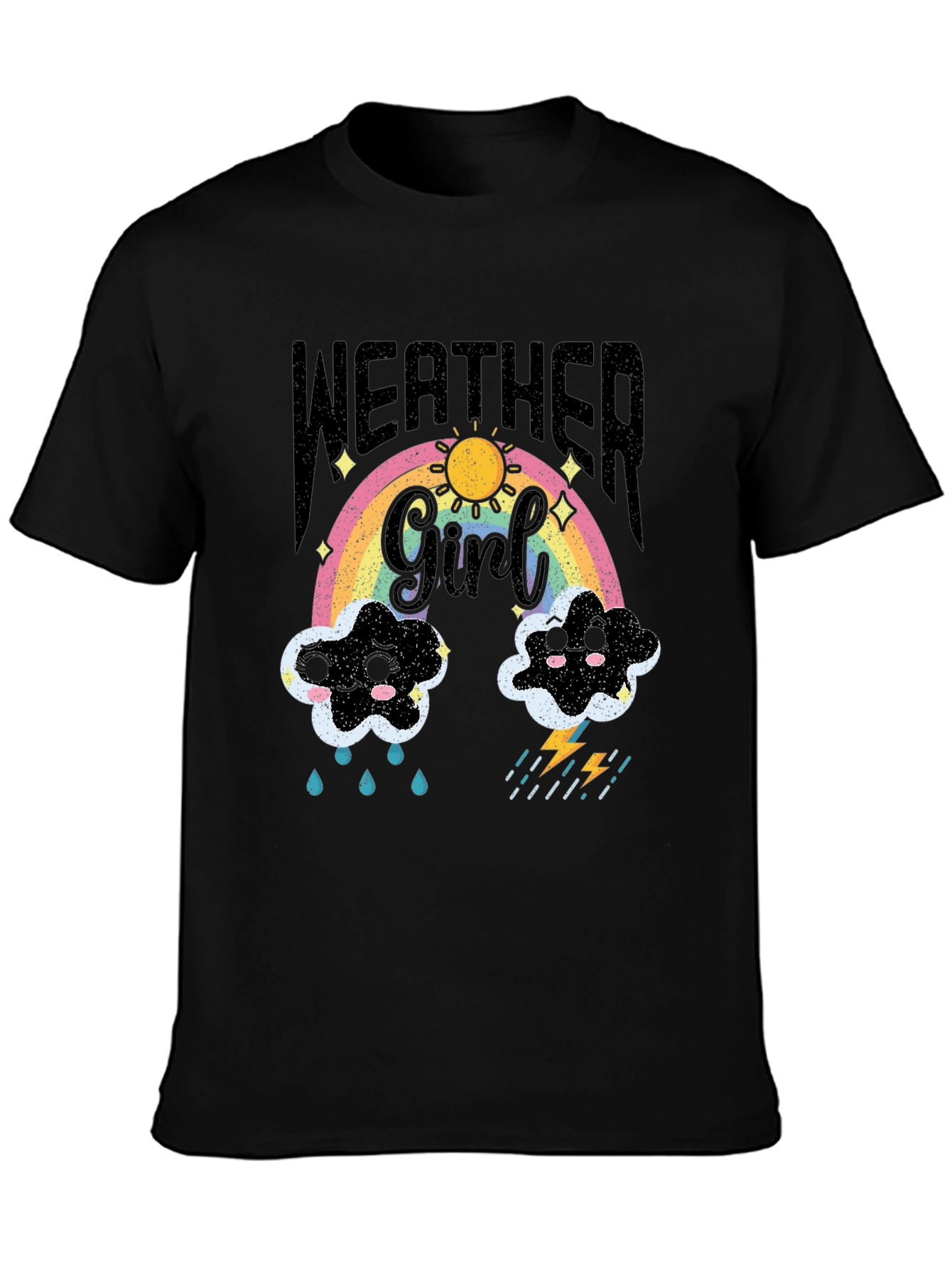 Weather Girl T-Shirt: Rainbow Sun Clouds and Lightning!