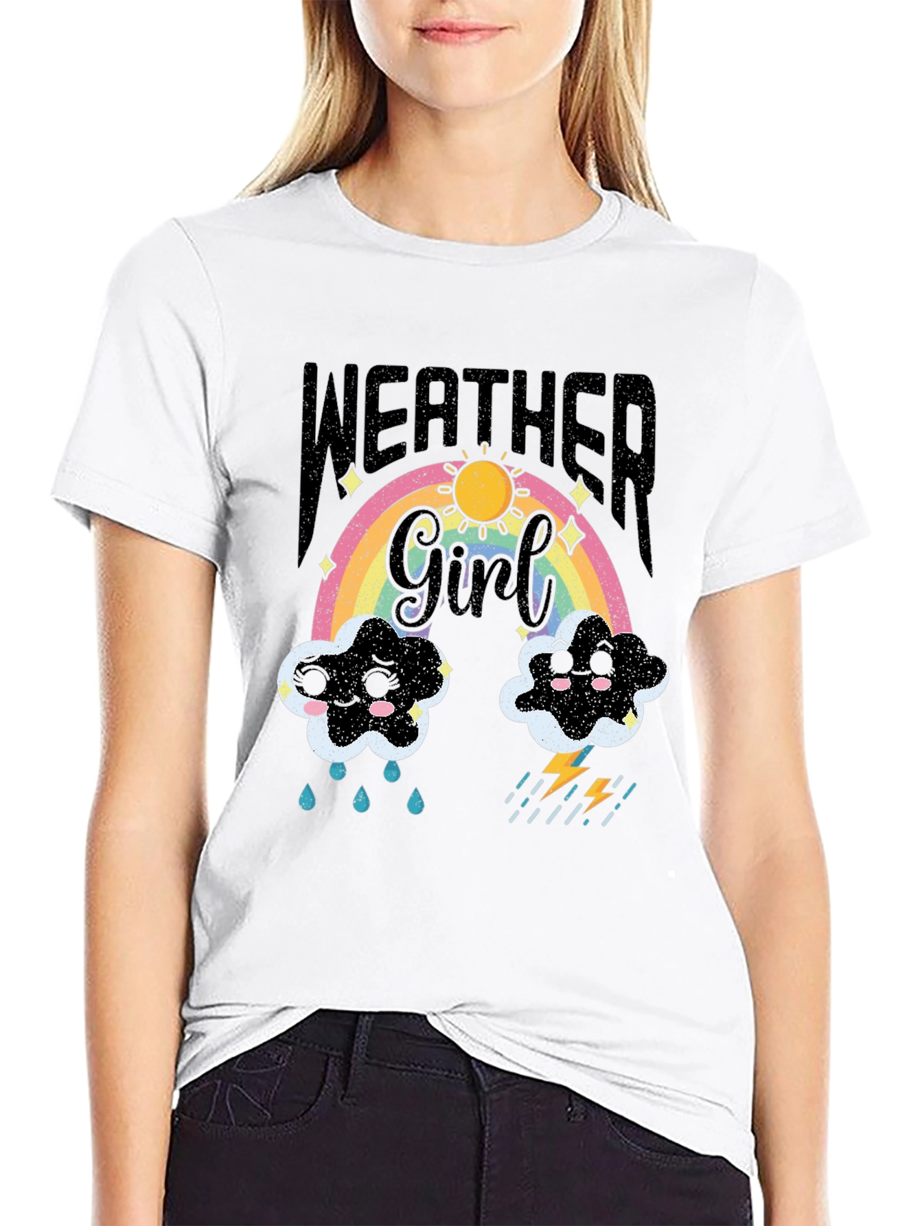 Weather Girl T-Shirt: Rainbow Sun Clouds and Lightning!
