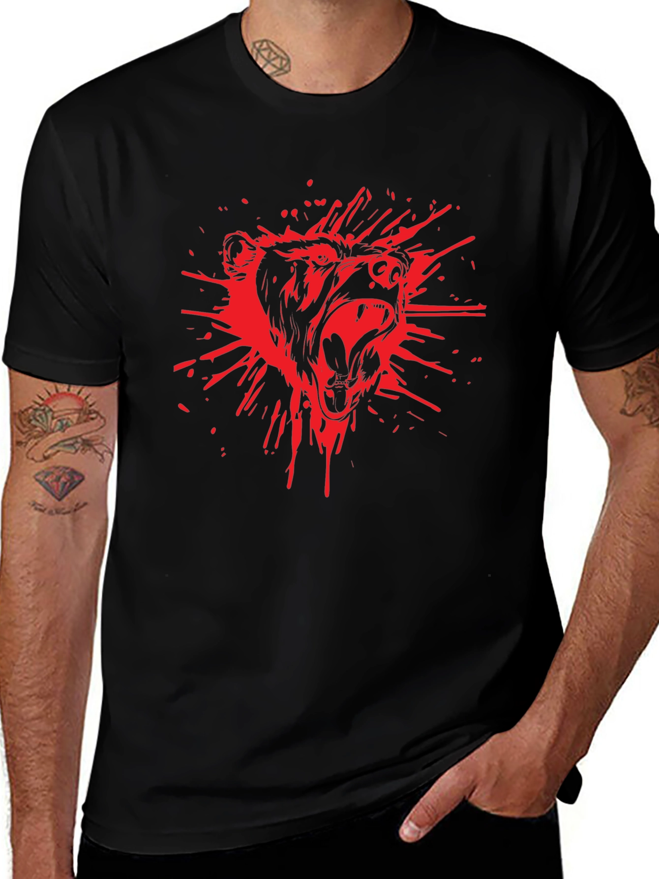 Mens Black T-Shirt with Red Bear Graphic