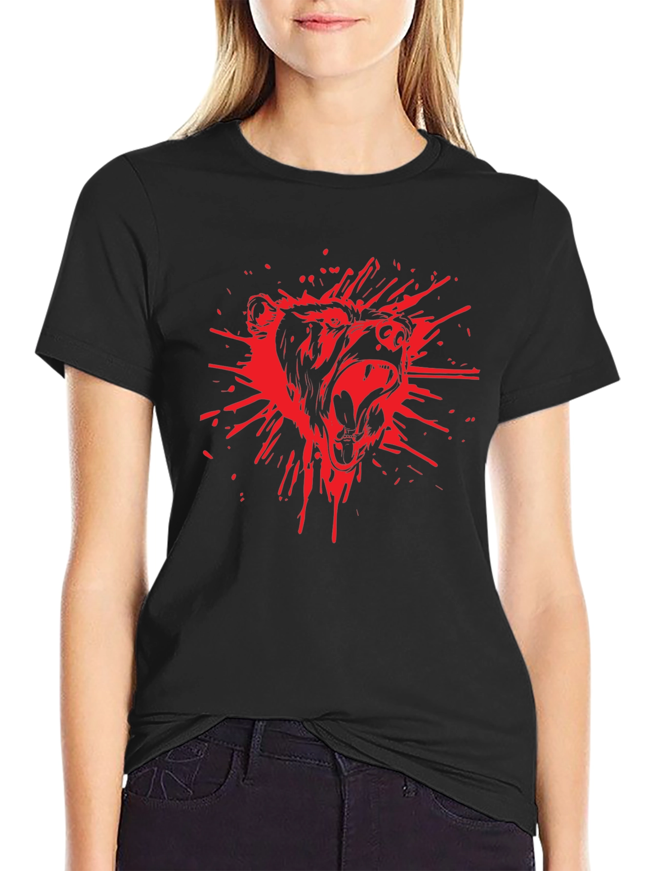 Mens Black T-Shirt with Red Bear Graphic