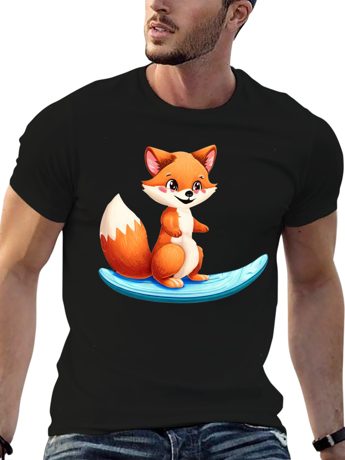 Cute Fox Surfing Black T-Shirt