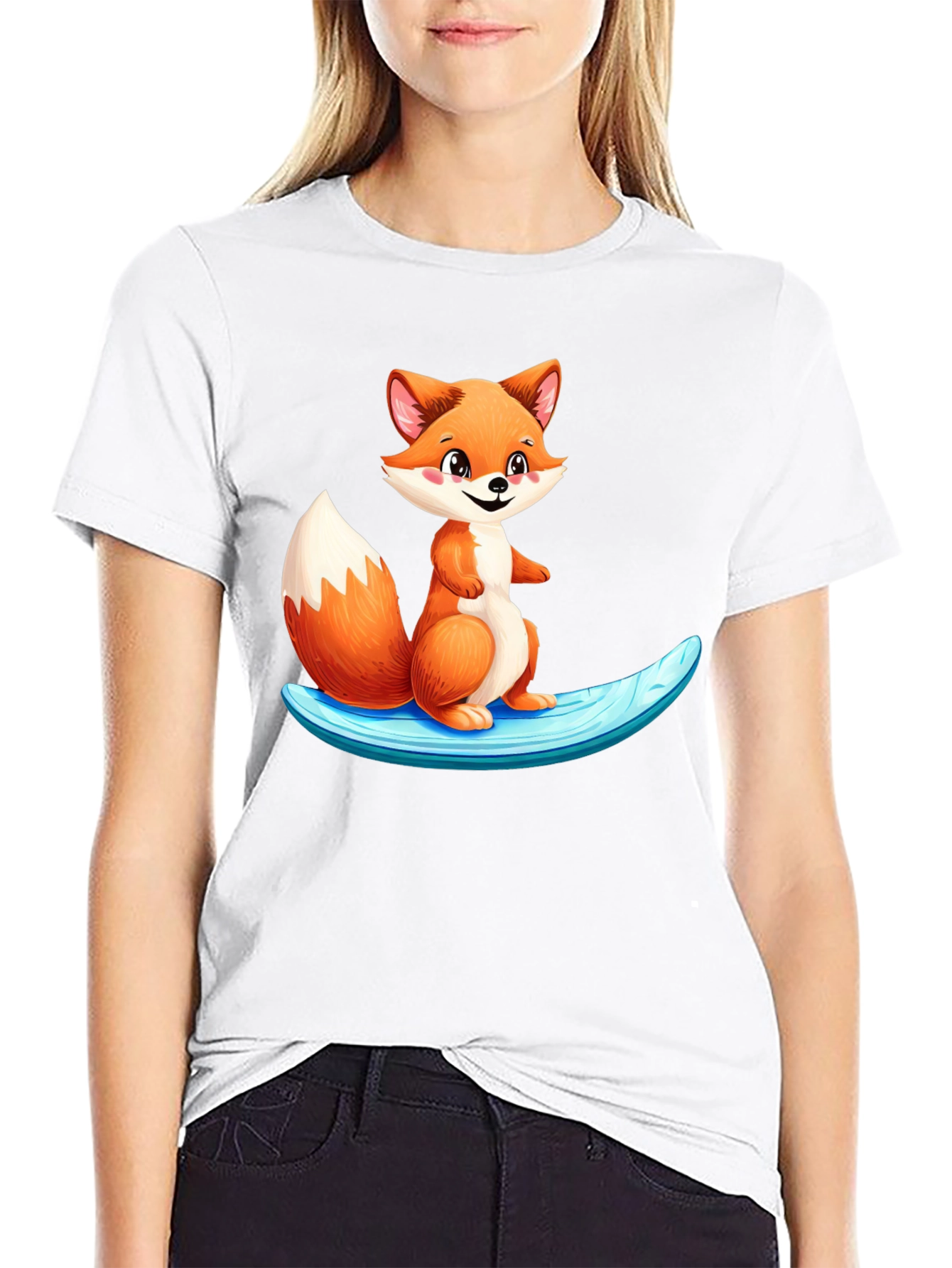 Cute Fox Surfing Black T-Shirt