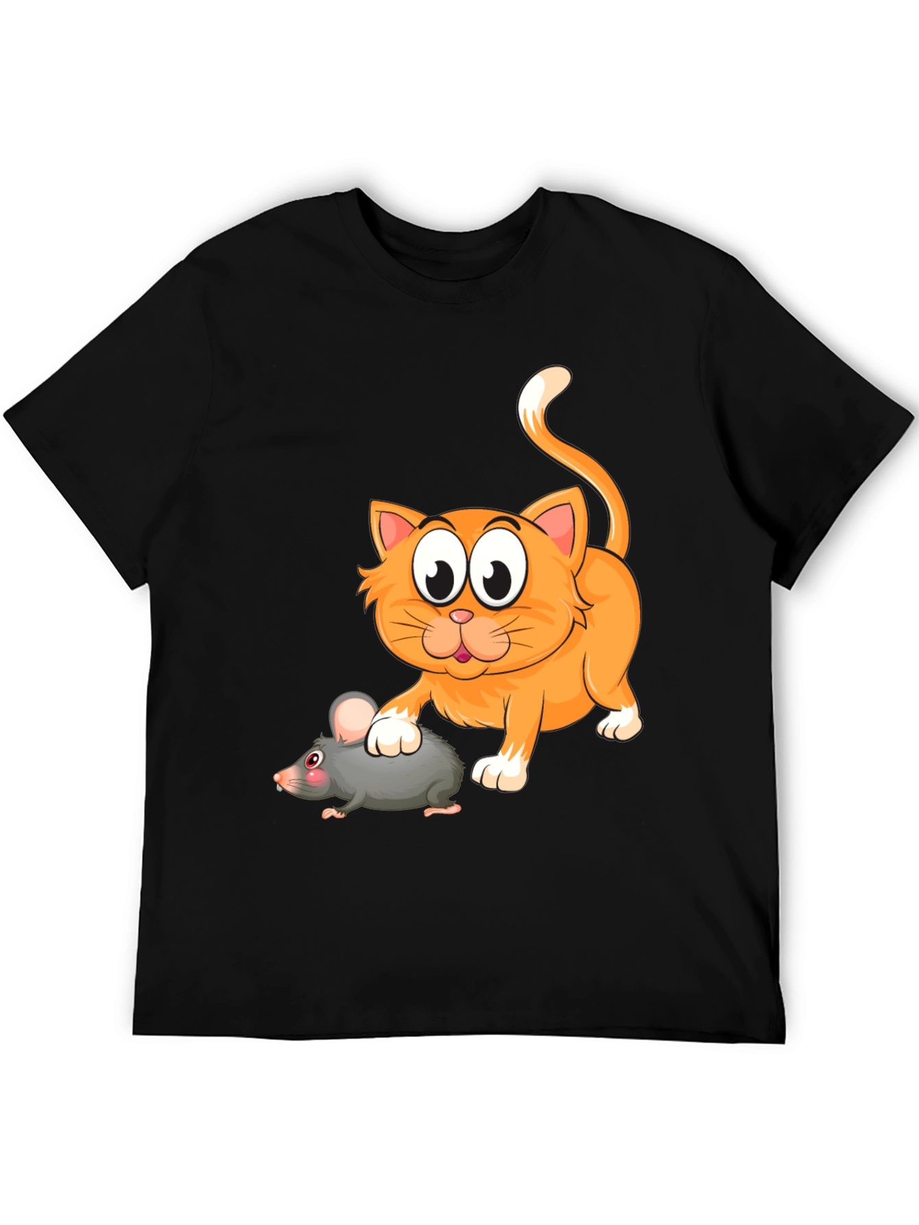 Cartoon Cat and Mouse Graphic T-Shirt - Black