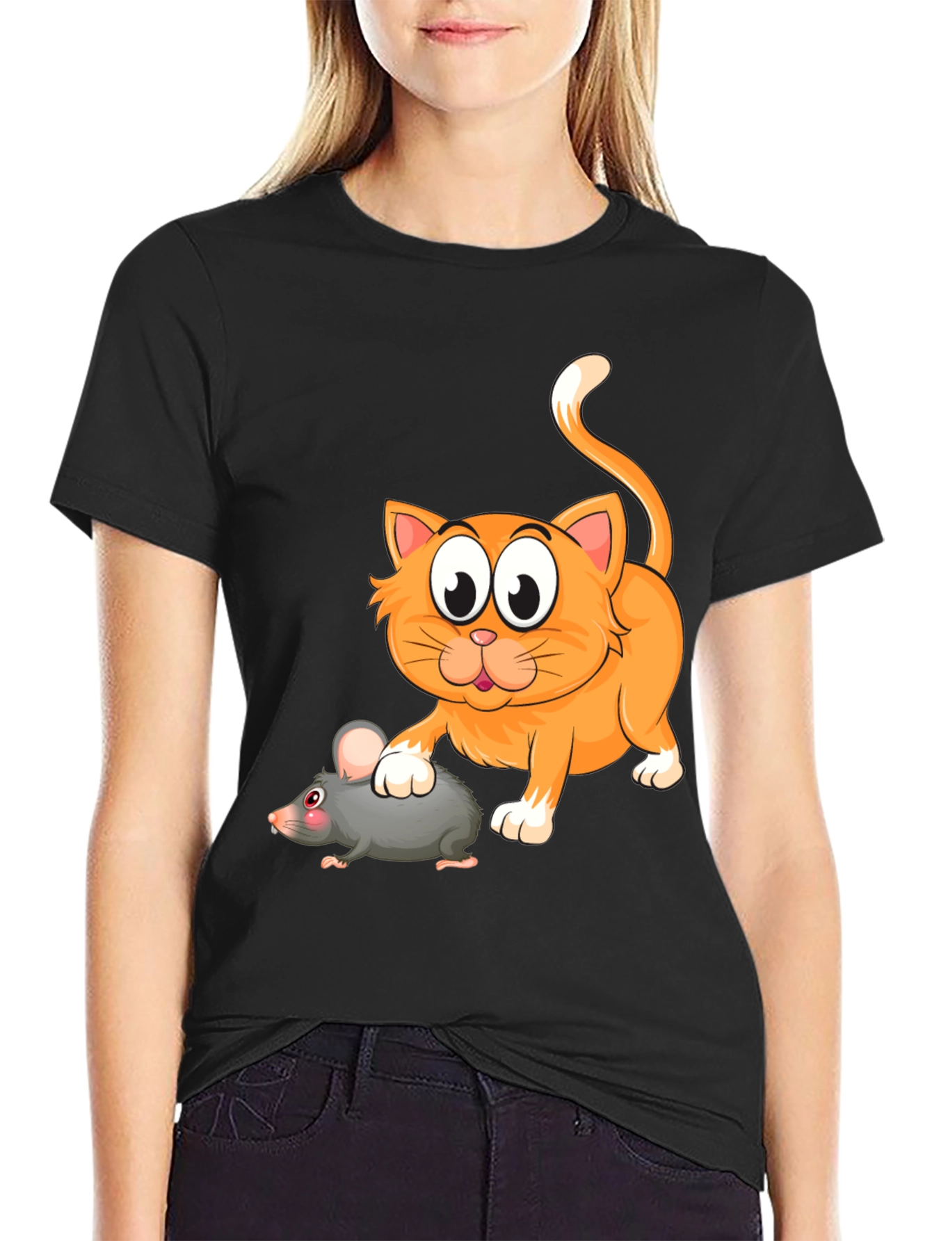 Cartoon Cat and Mouse Graphic T-Shirt - Black