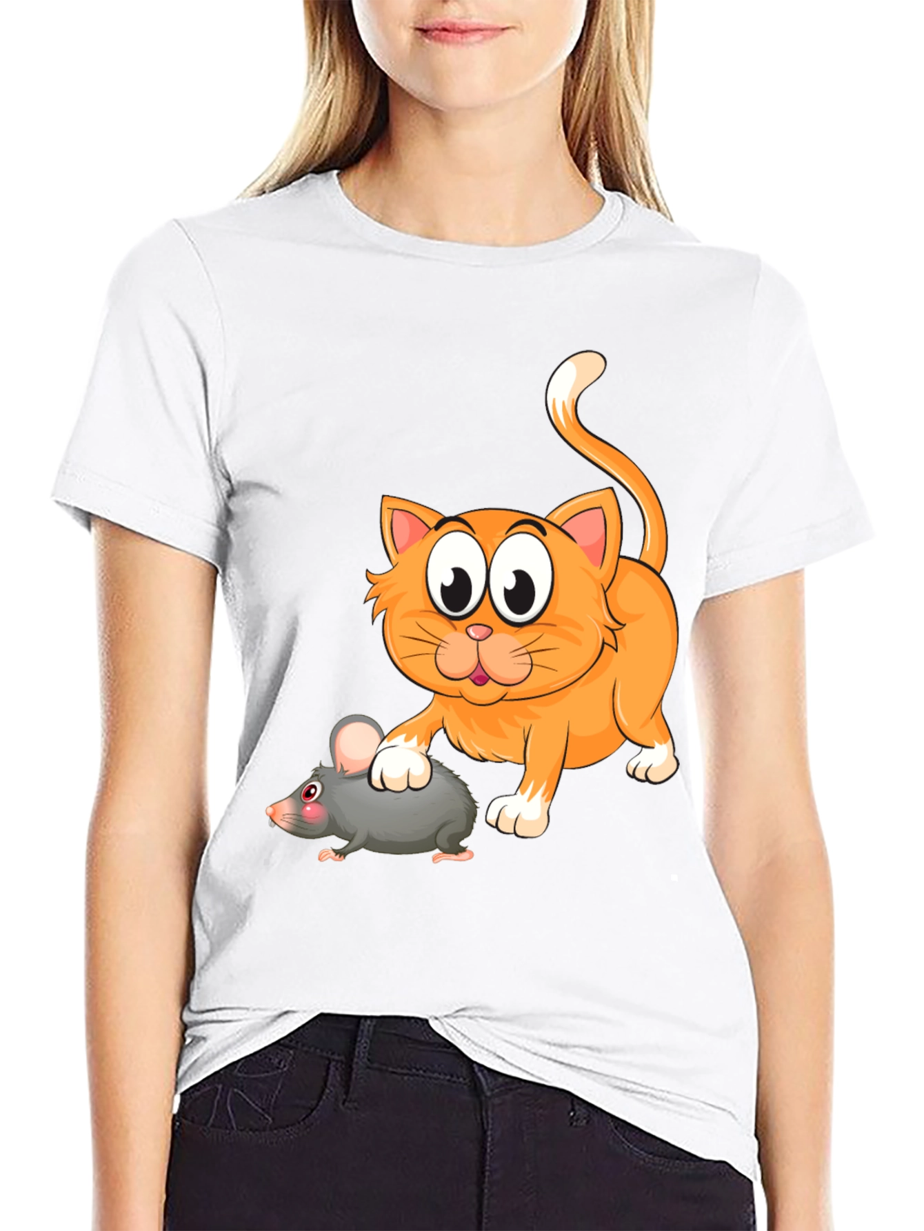Cartoon Cat and Mouse Graphic T-Shirt - Black