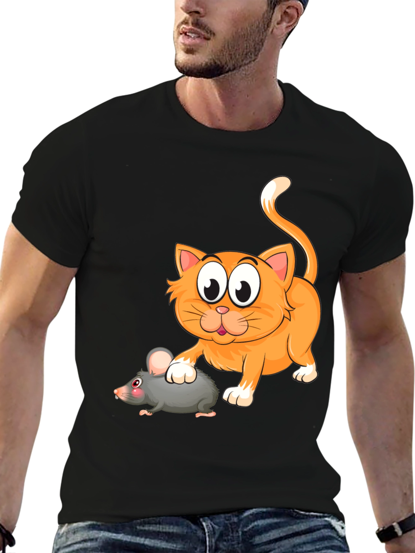 Cartoon Cat and Mouse Graphic T-Shirt - Black