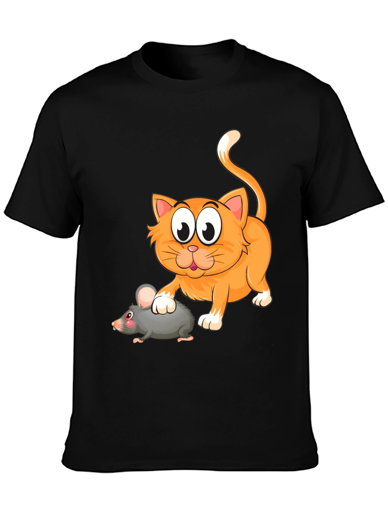 Cartoon Cat and Mouse Graphic T-Shirt - Black