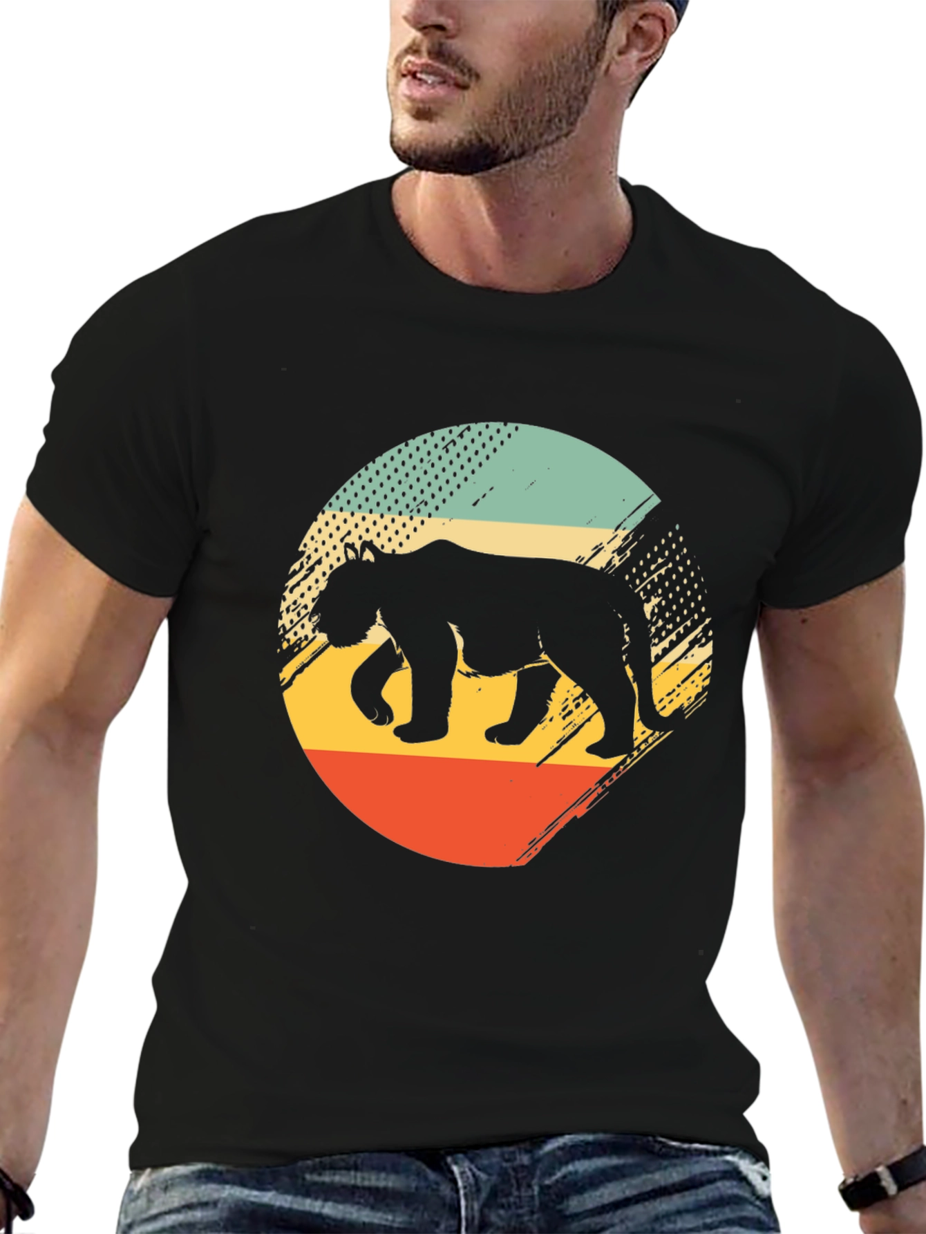 Retro Bear Graphic Tee - Black Cotton Blend Shirt
