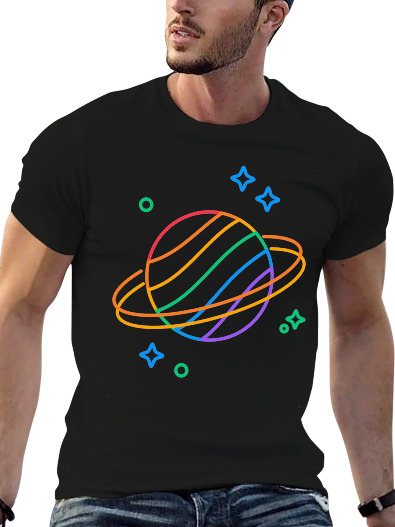 Rainbow Planet Graphic Tee - Black Cotton T-Shirt