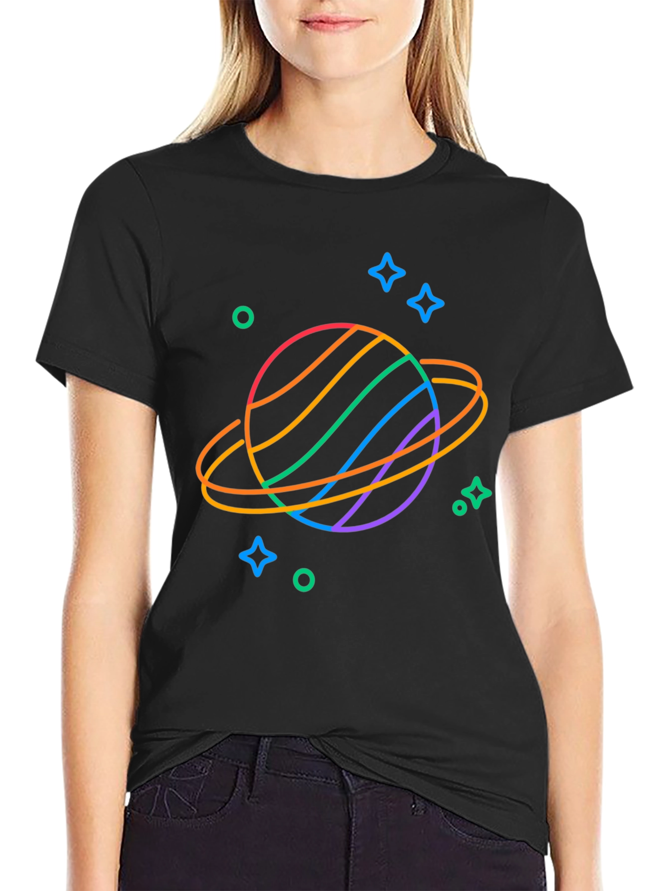 Rainbow Planet Graphic Tee - Black Cotton T-Shirt