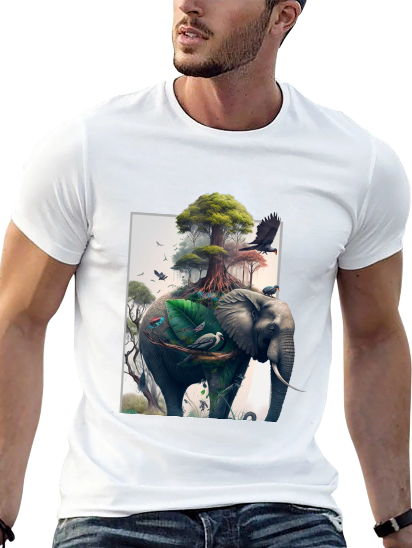 Nature Elephant Print Black T-Shirt