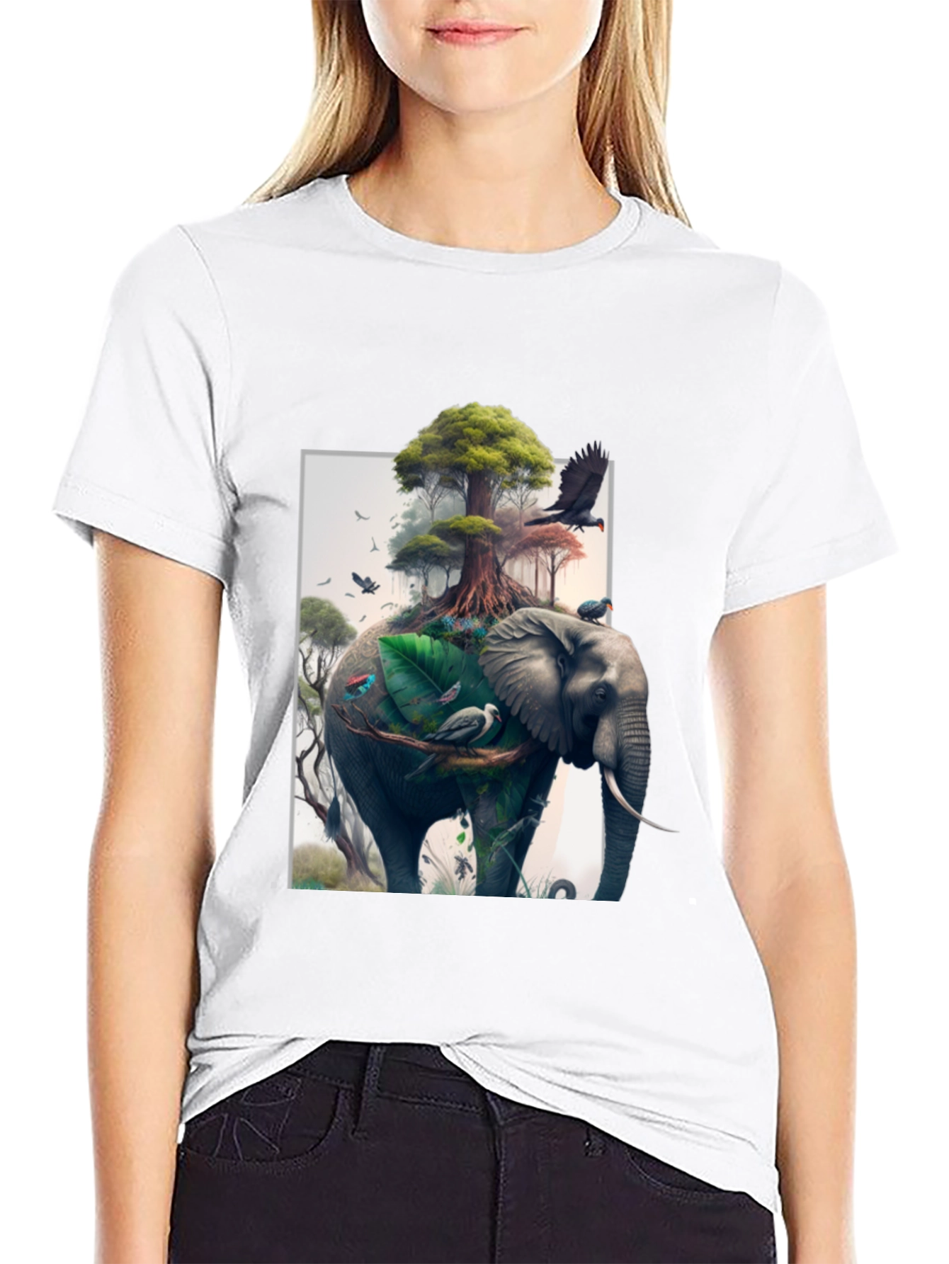 Nature Elephant Print Black T-Shirt