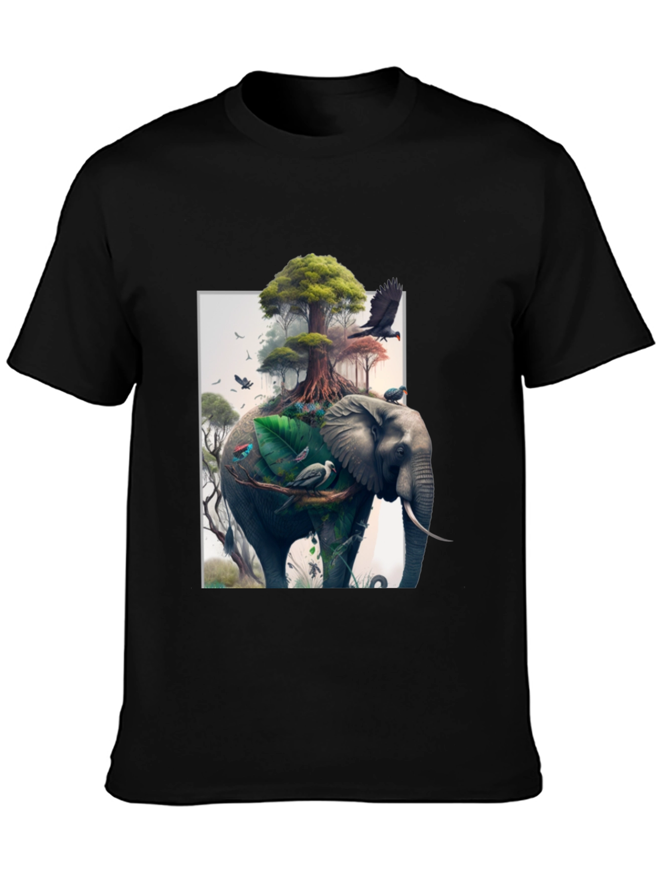 Nature Elephant Print Black T-Shirt