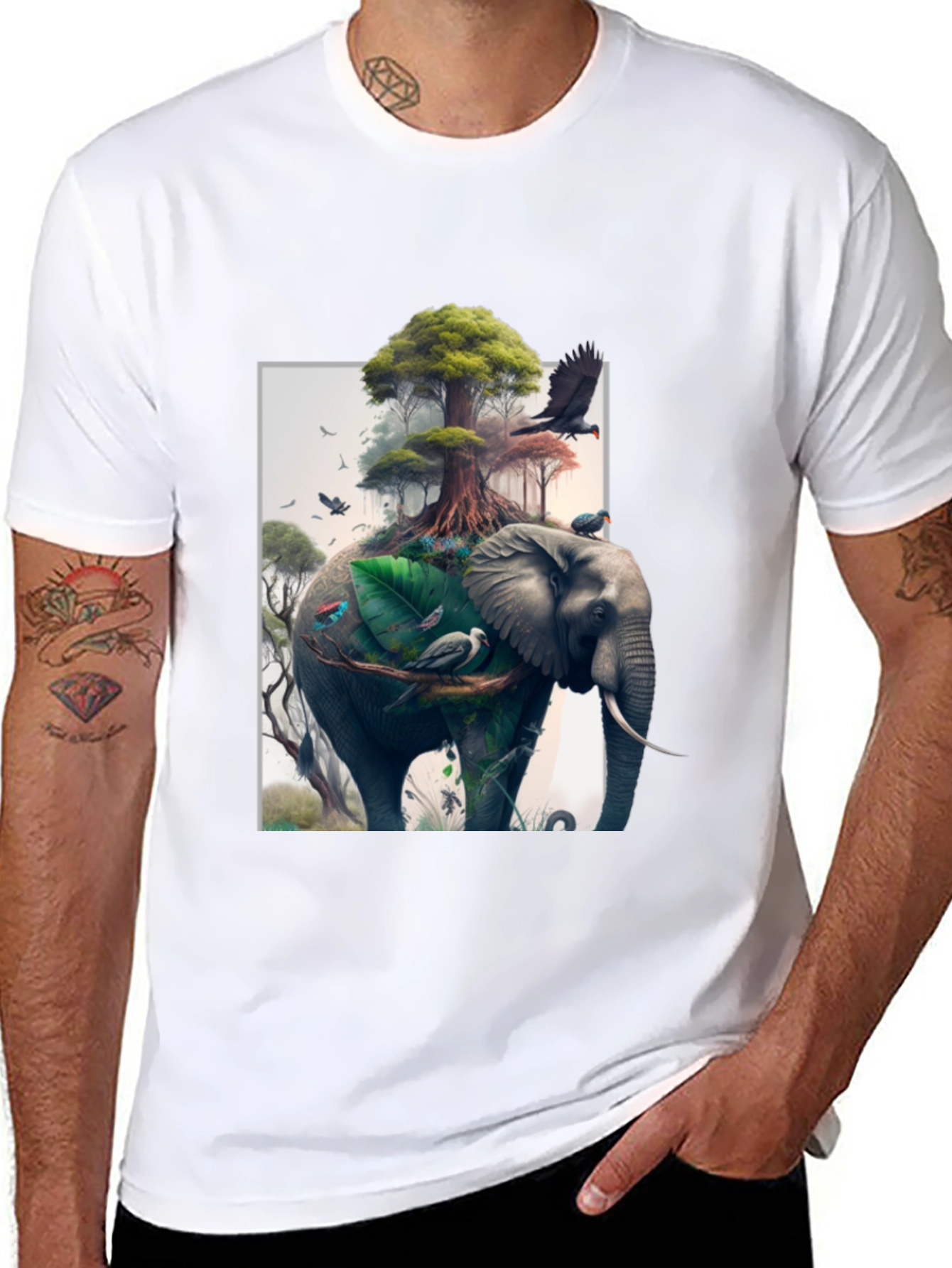 Nature Elephant Print Black T-Shirt