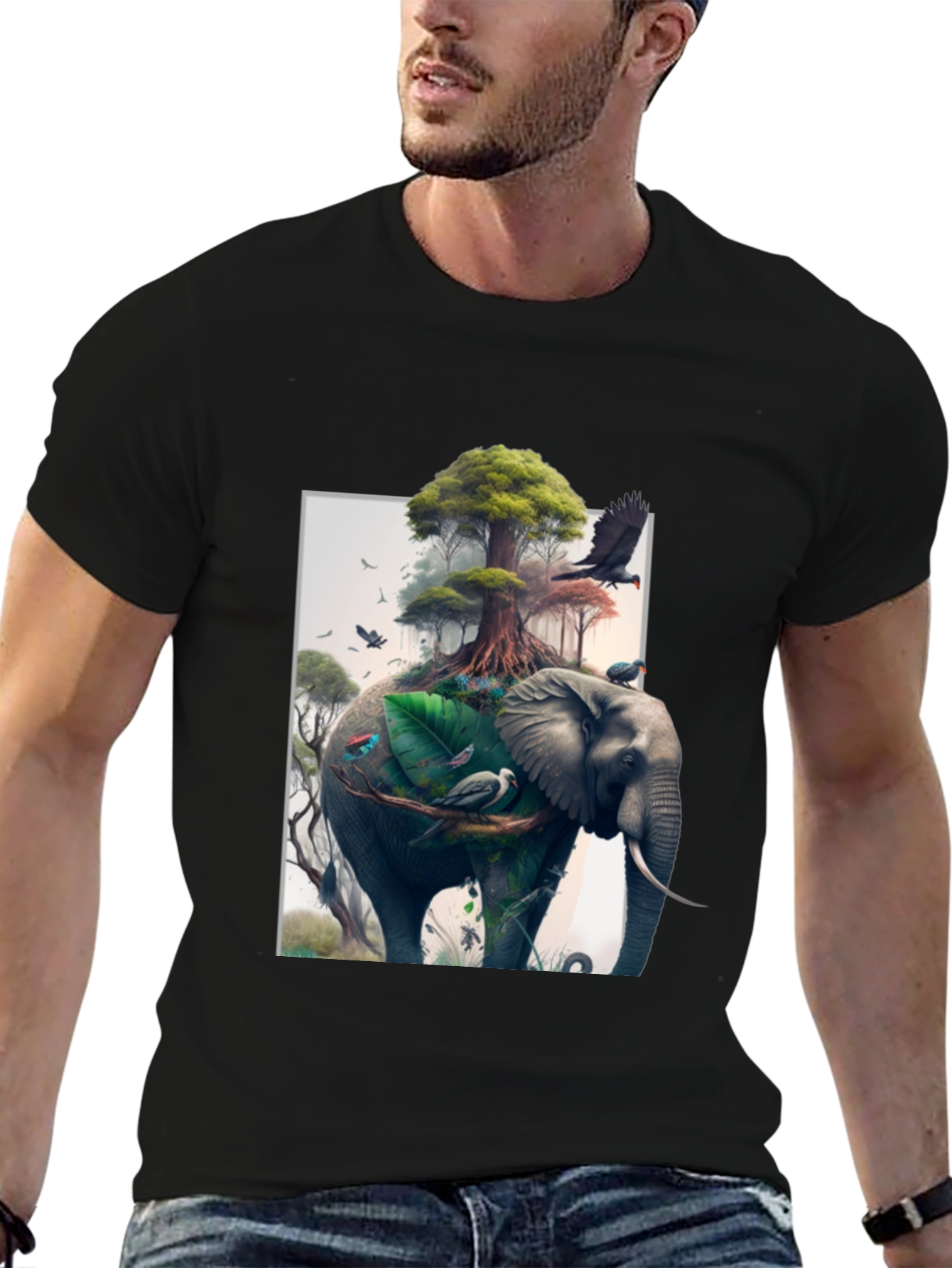 Nature Elephant Print Black T-Shirt