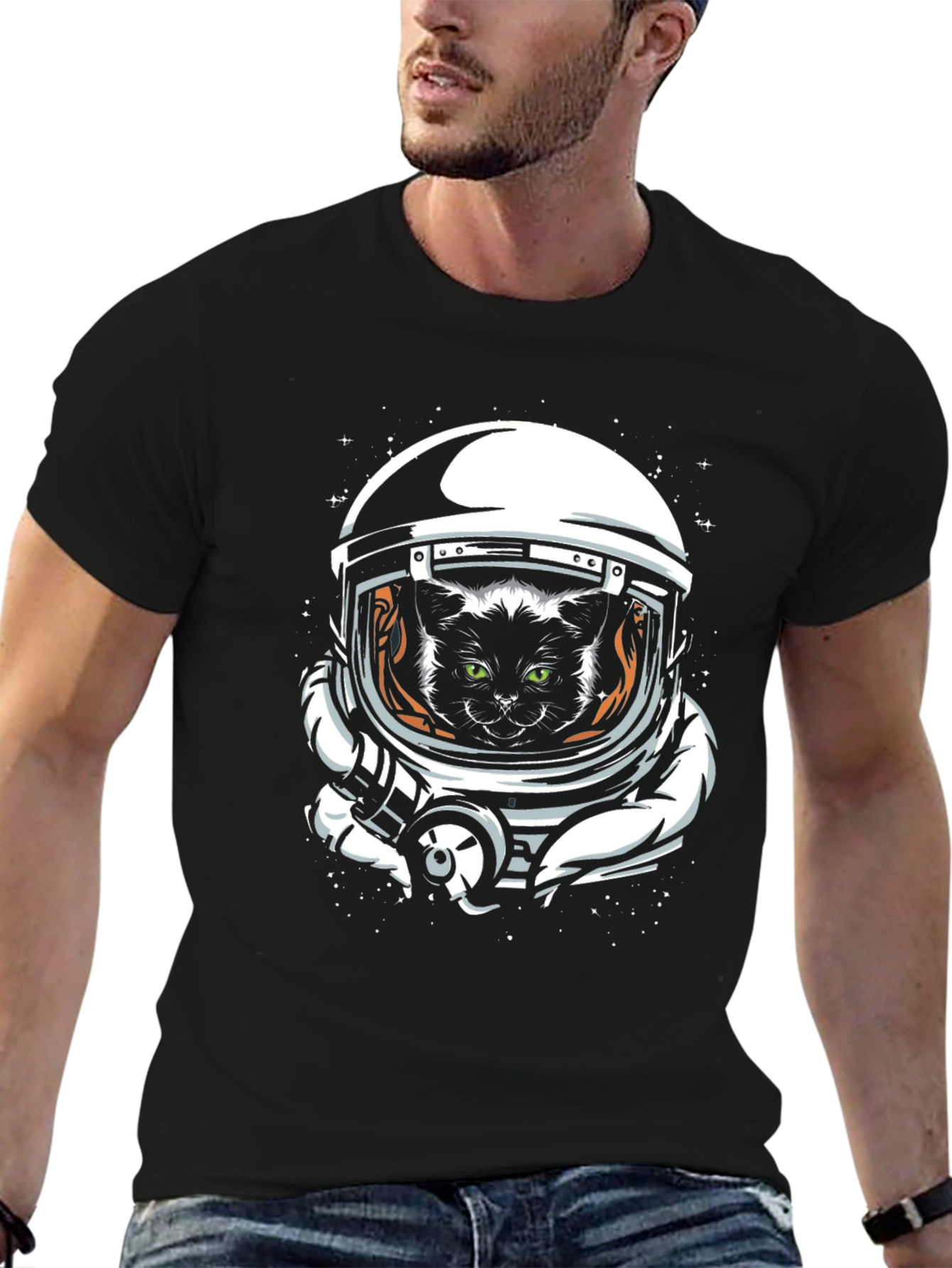 Space Cat T-Shirt - Black Crew Neck Tee