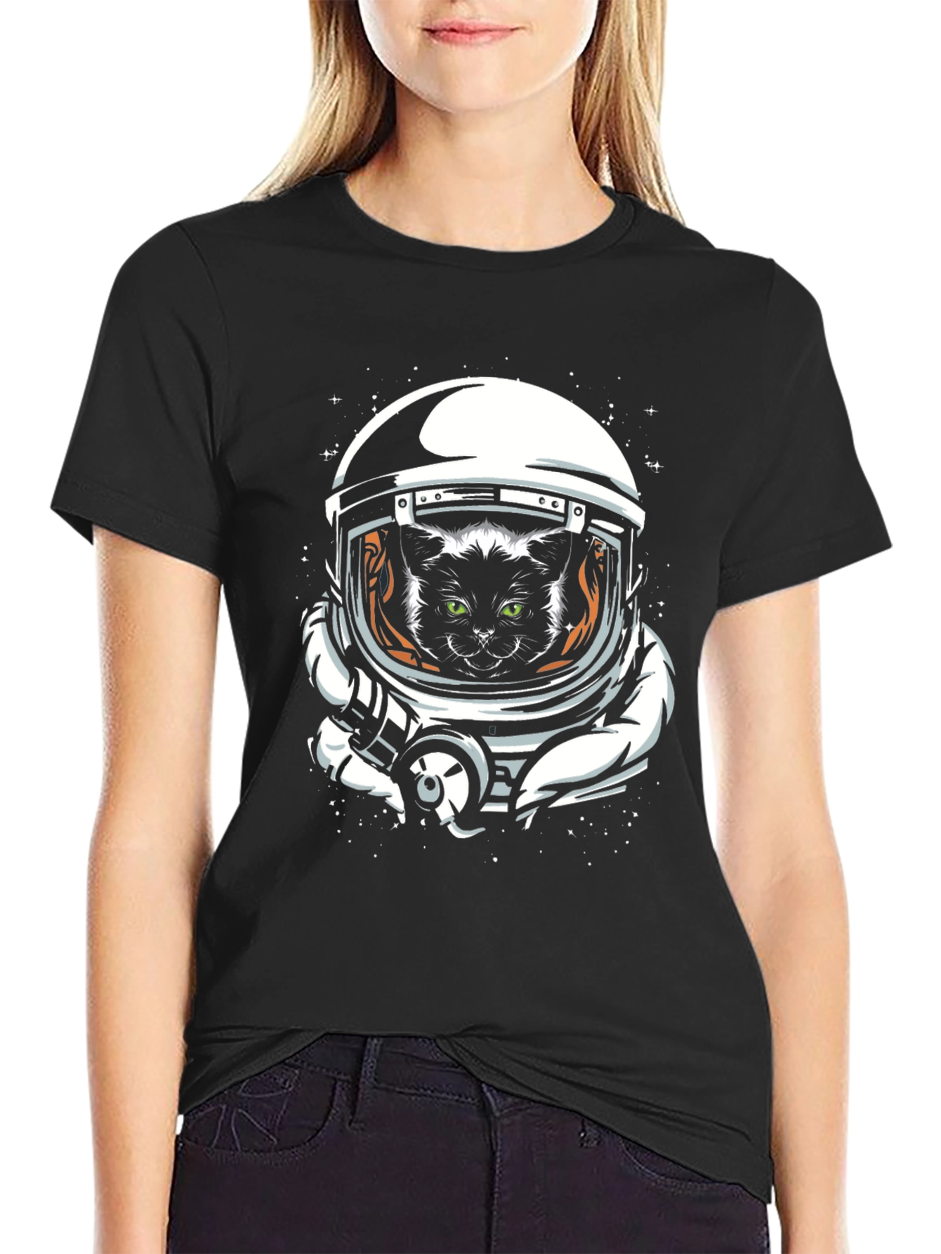 Space Cat T-Shirt - Black Crew Neck Tee