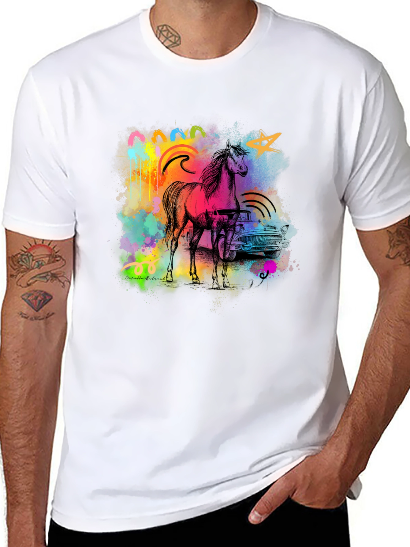 Vibrant Horse & Car Graphic Print Black T-Shirt