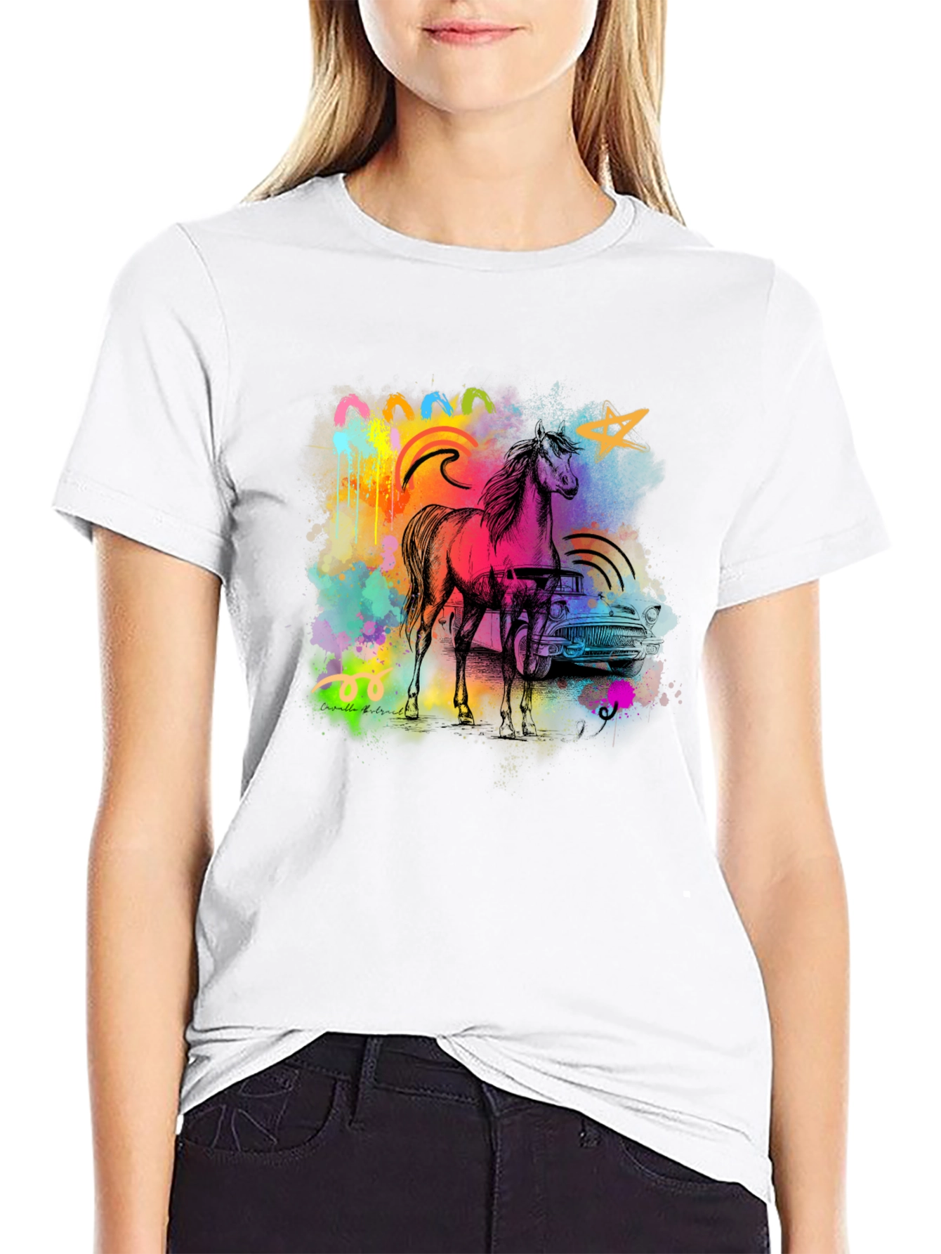 Vibrant Horse & Car Graphic Print Black T-Shirt